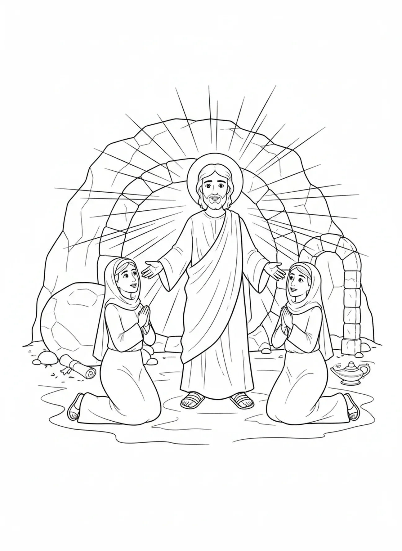 Jesus ressuscitado aparecendo, página de colorir da Cruz Vazia de Páscoa para crianças da Escola Dominical de 5 a 12 anos.
