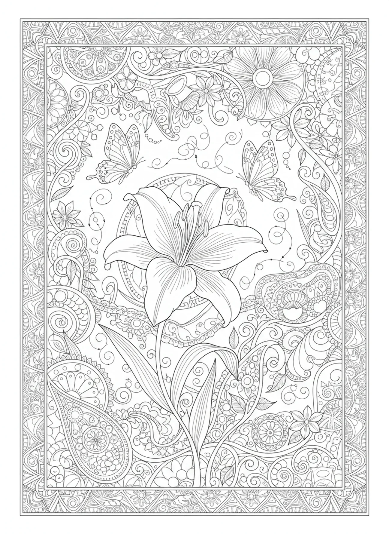 Osterlilie mit Schmetterlingen, Ausmalbild der Osterlilie für Erwachsene im Bibel-Journaling-Stil