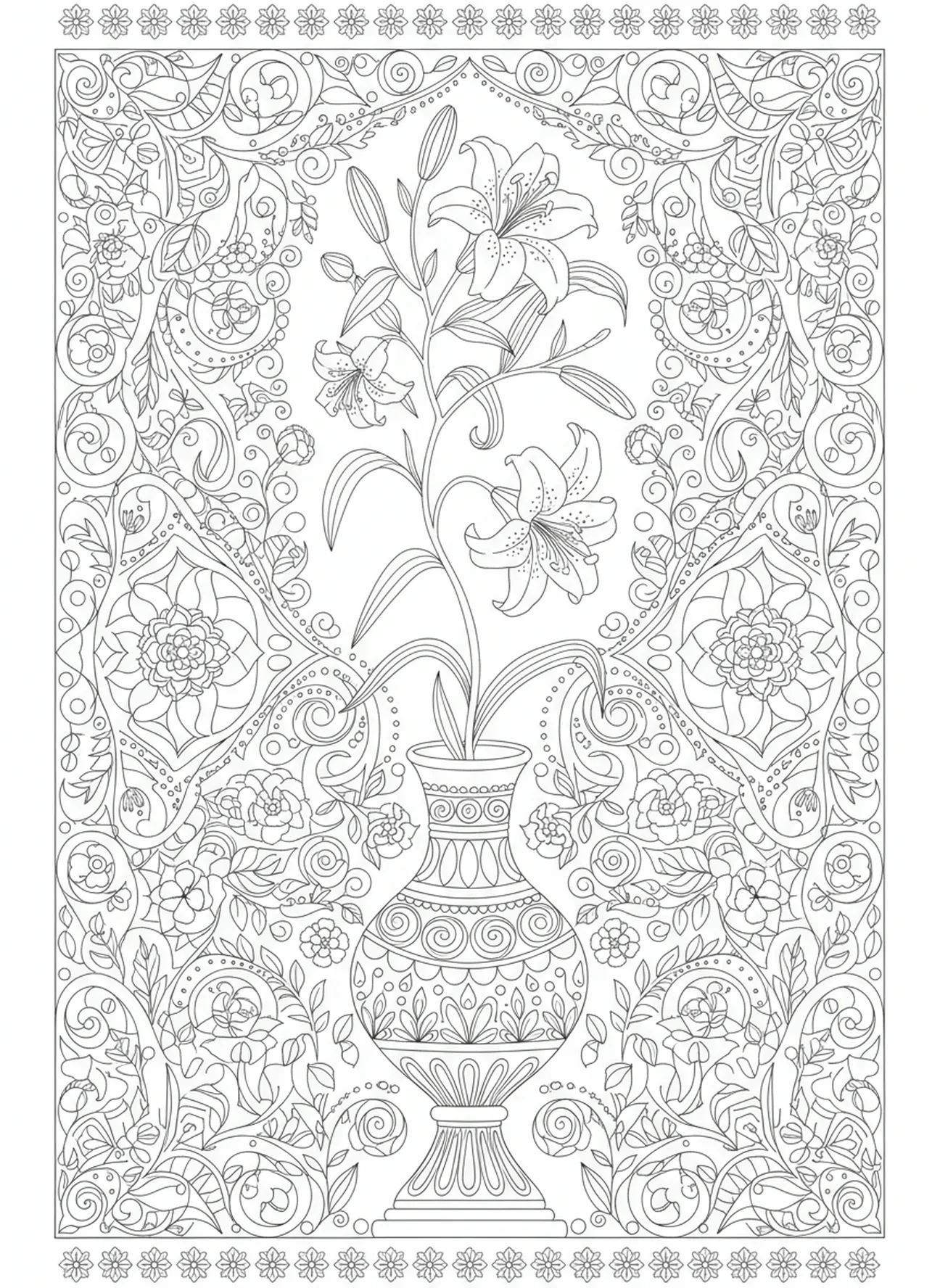 Osterlilie in einer dekorativen Vase, Ausmalbild der Osterlilie für Erwachsene im Stil des Bibeljournaling