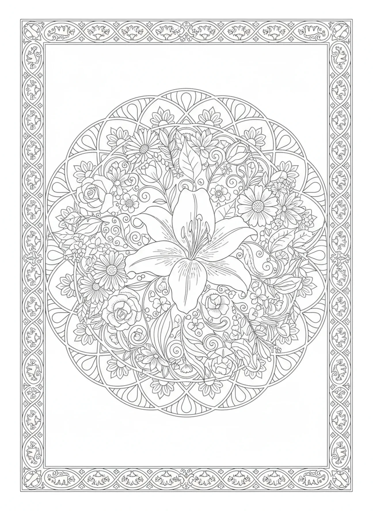 Elegante Osterlilie umgeben von Blumen, Ausmalbild der Osterlilie für Erwachsene im Stil des Bibeljournaling