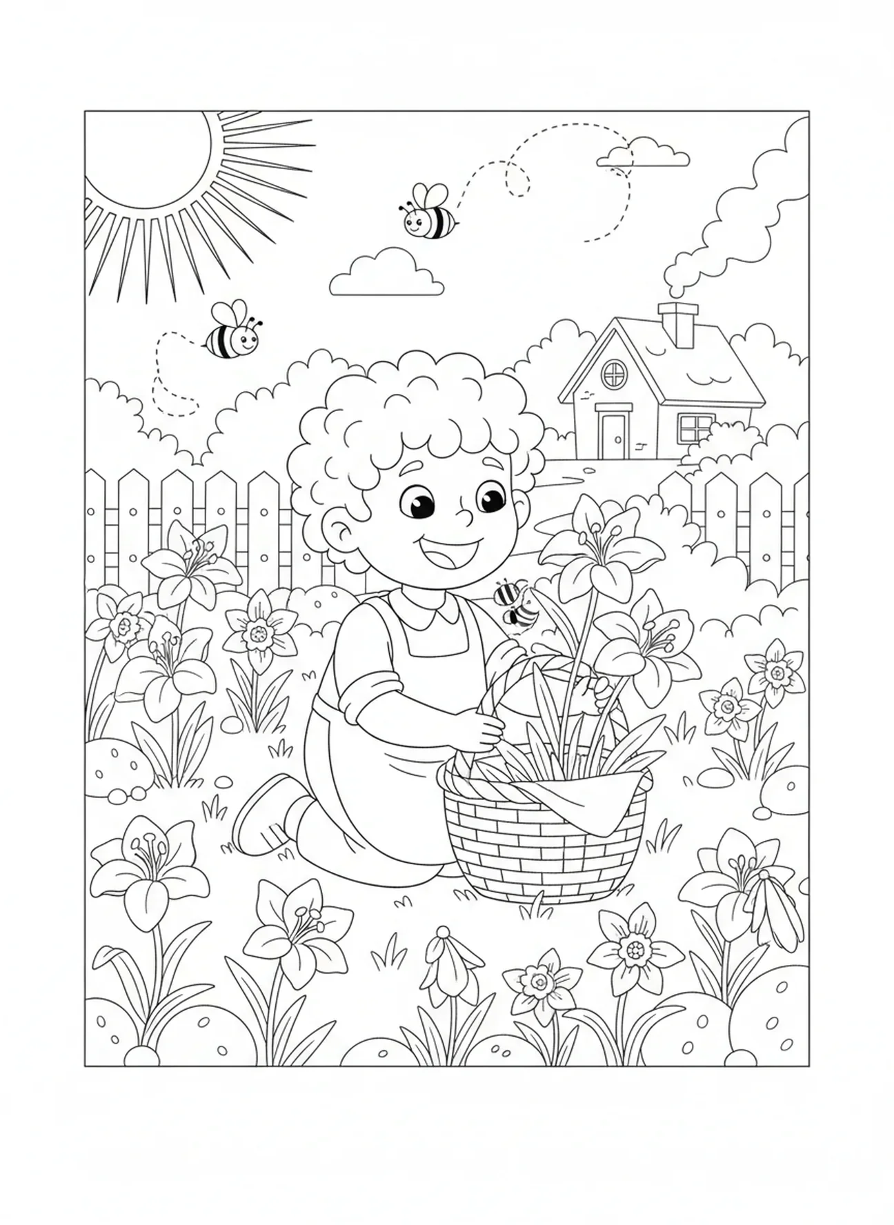Criança arrumando flores, página para colorir Lírio da Páscoa para crianças de 5 a 10 anos