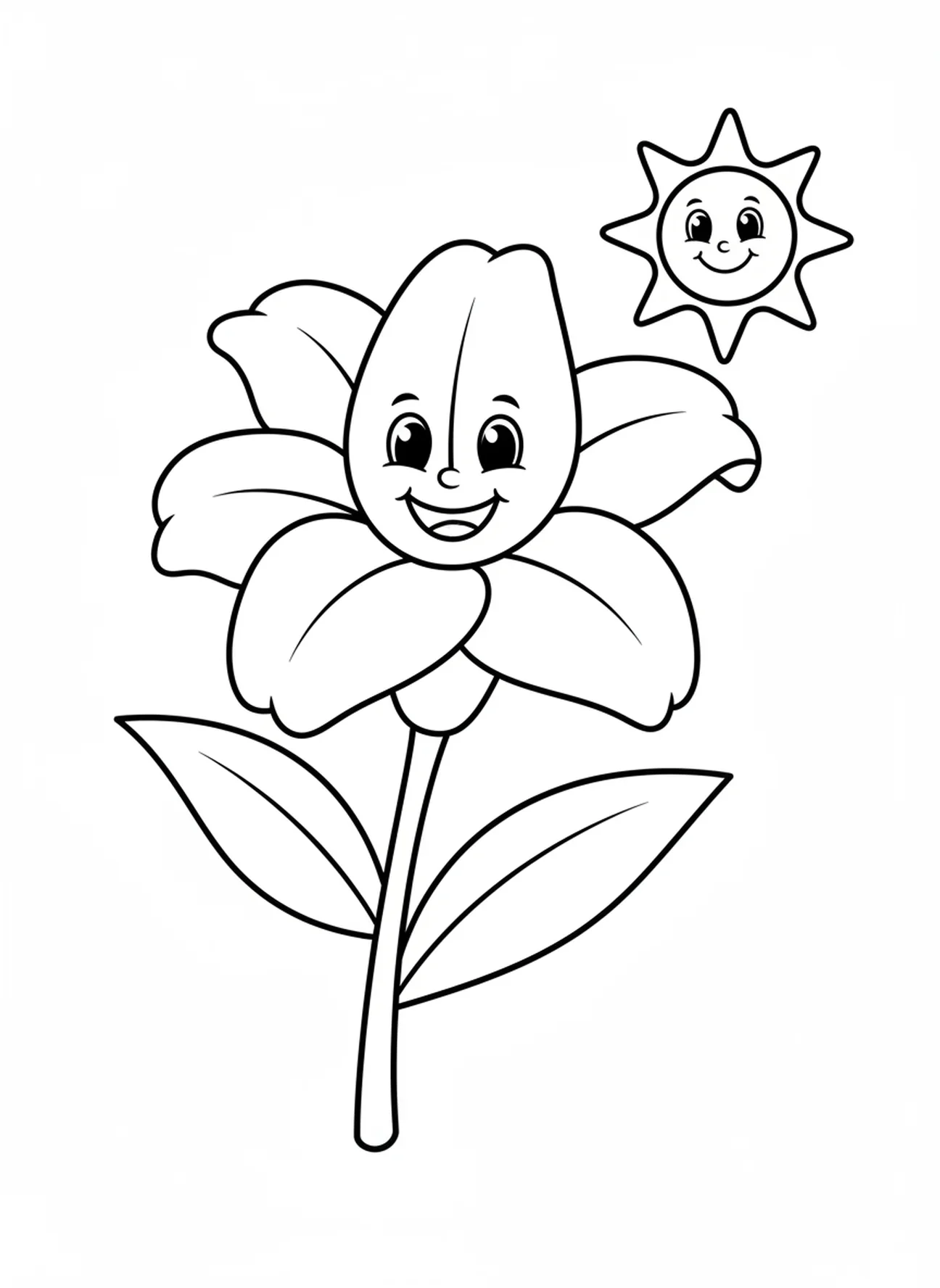 Grande lírio da Páscoa sorridente com sol, página para colorir do lírio da Páscoa para crianças de 3 a 5 anos