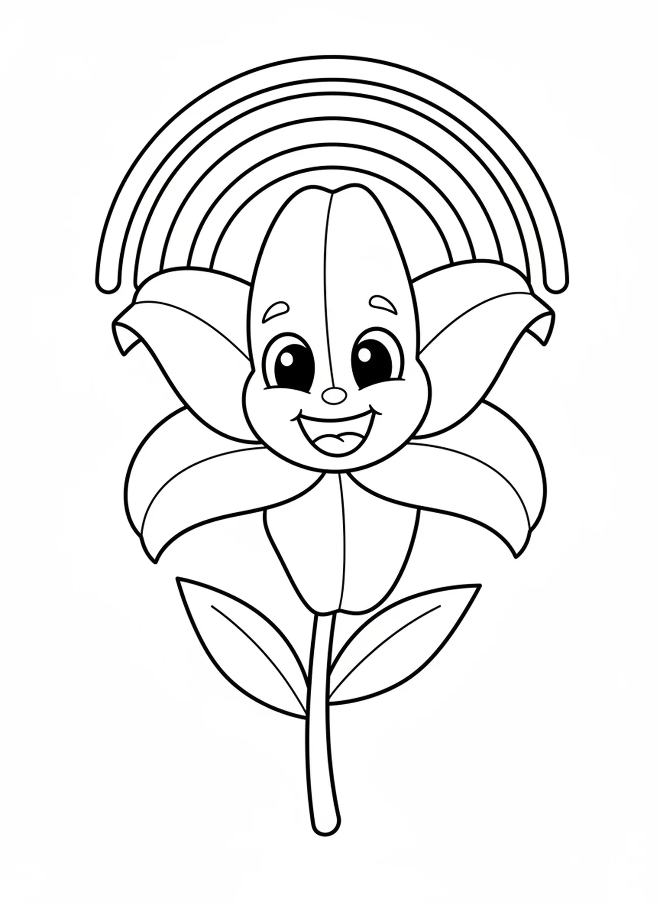 Grande lírio da Páscoa sorridente com arco-íris, página para colorir lírio da Páscoa para crianças de 3 a 5 anos