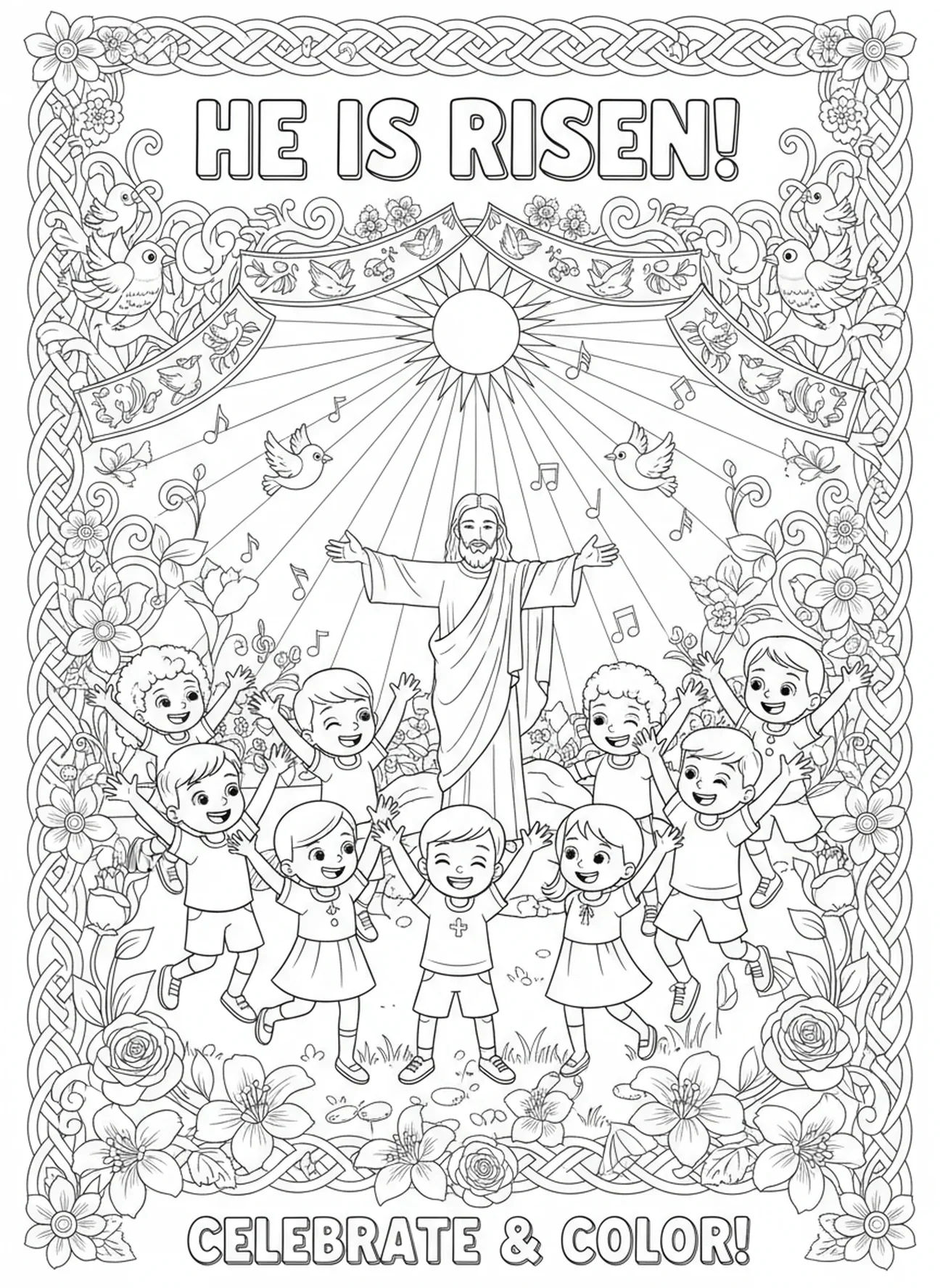 Personnages célébrant la résurrection, page à colorier pour Pâques destinée aux enfants de 5 à 10 ans.