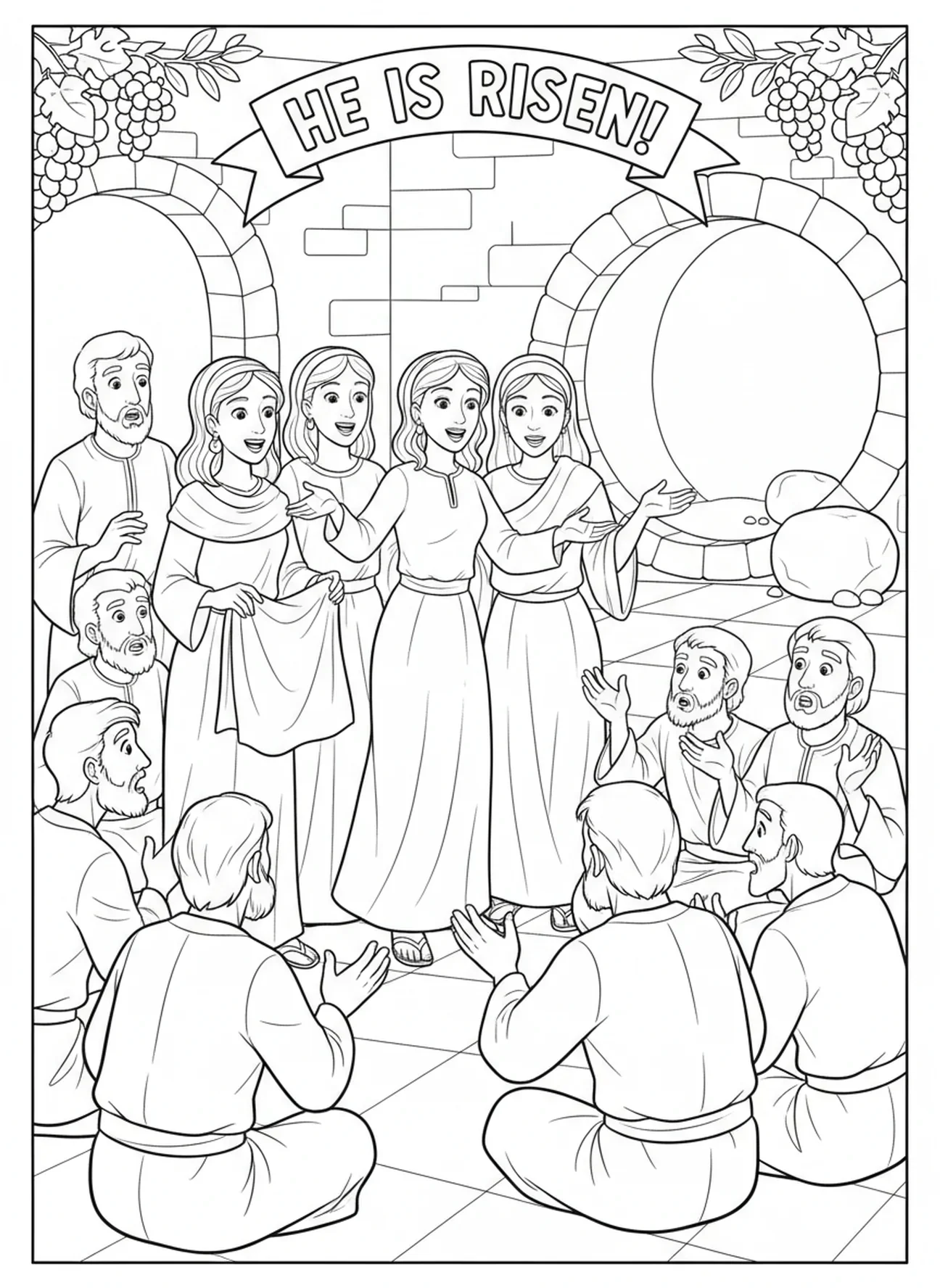 Disciples écoutant, page à colorier pour Pâques pour les enfants de 5 à 10 ans.