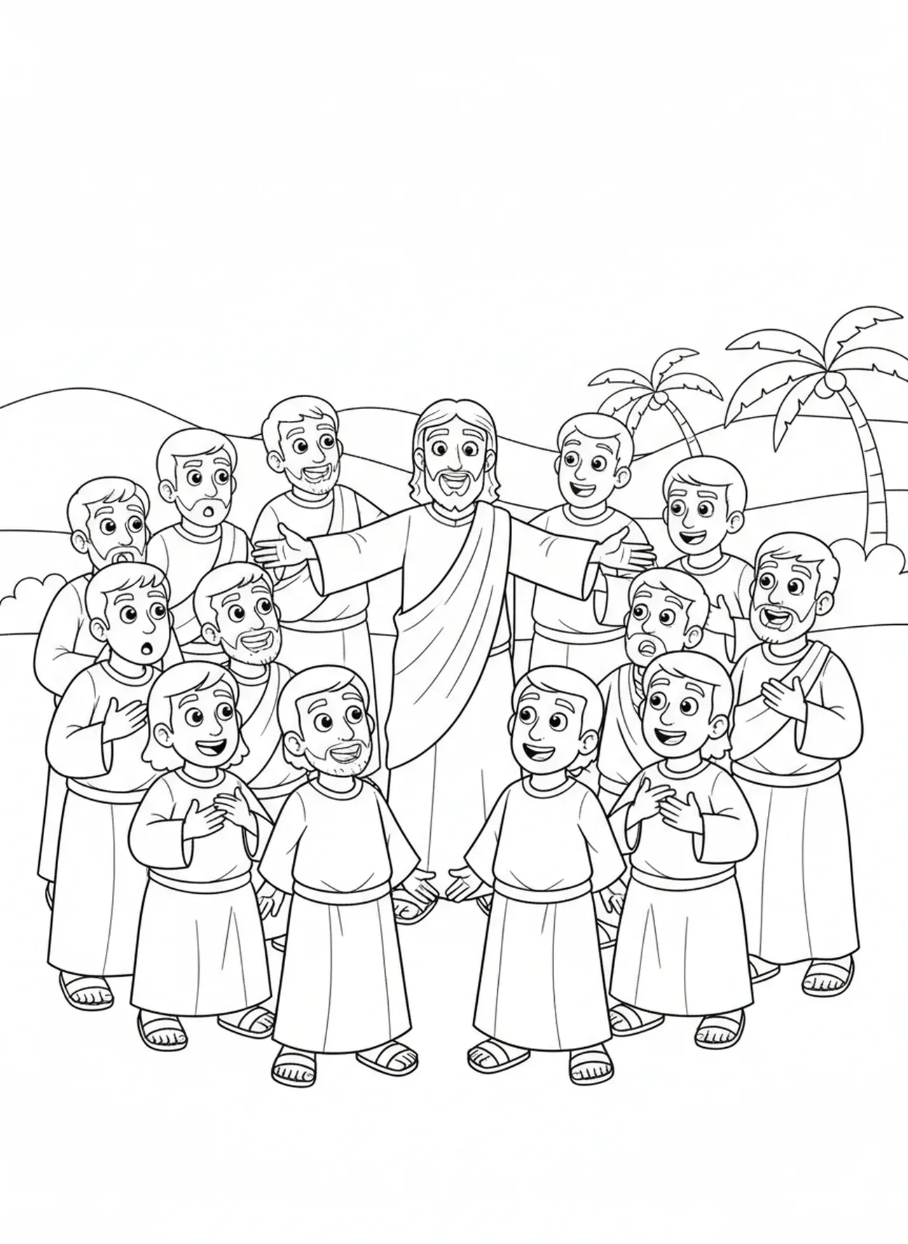 Jésus apparaissant aux disciples, page à colorier de Pâques pour les enfants de 5 à 10 ans.