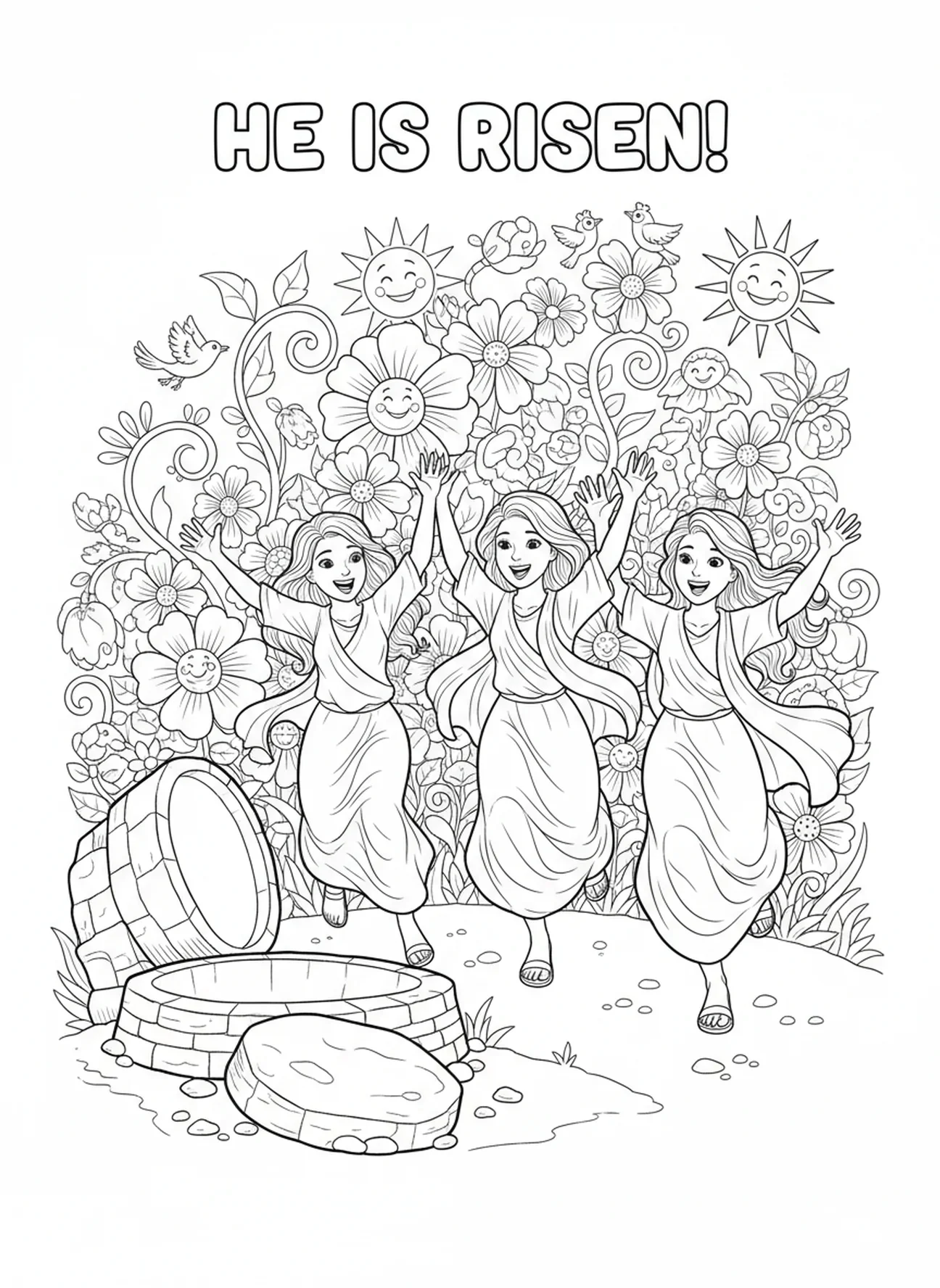 Trois femmes courant, page à colorier pour Pâques destinée aux enfants de 5 à 10 ans.