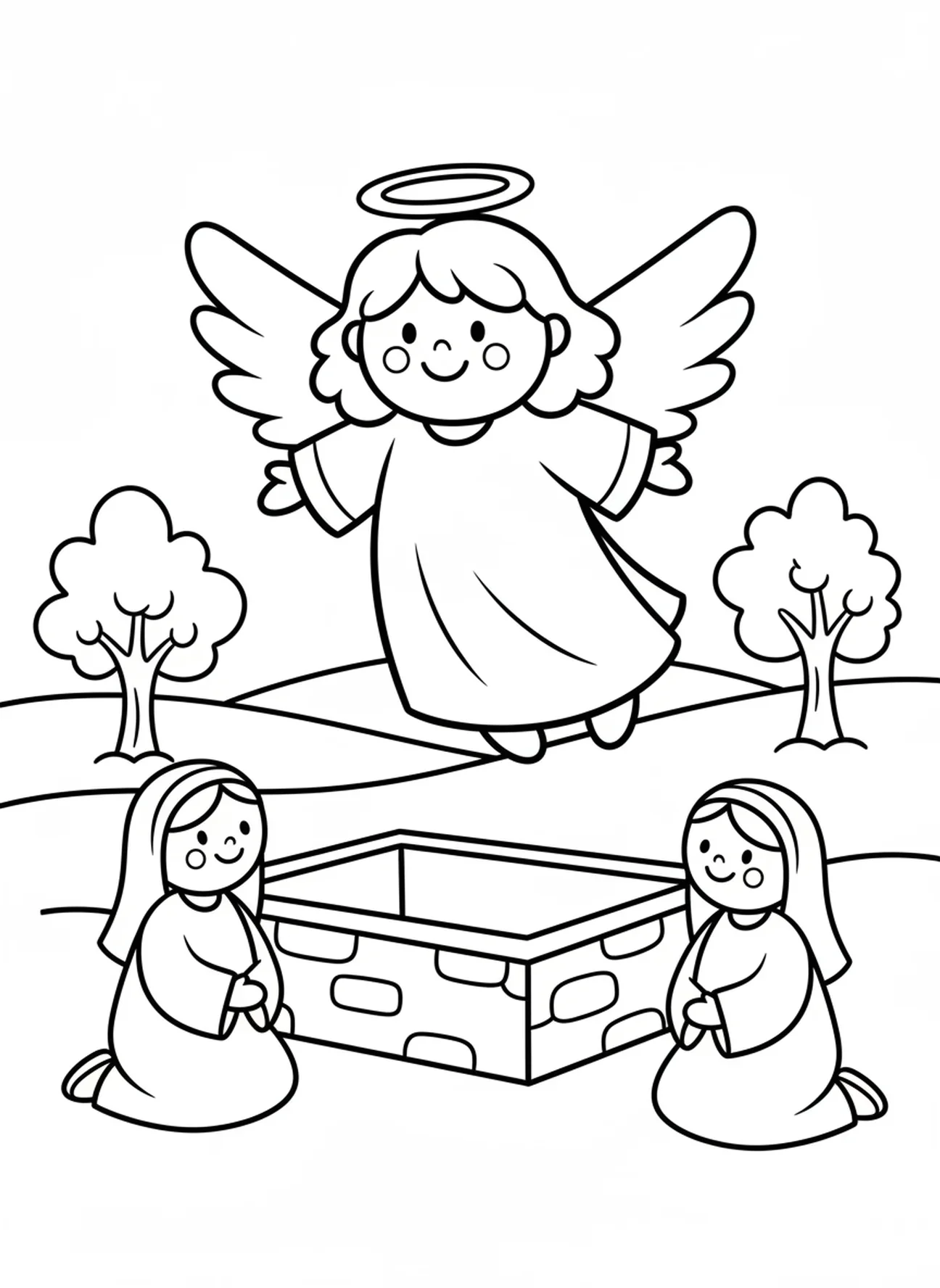 Page à colorier d'un ange amical, matin de Pâques pour les enfants d'âge préscolaire de 3 à 5 ans.