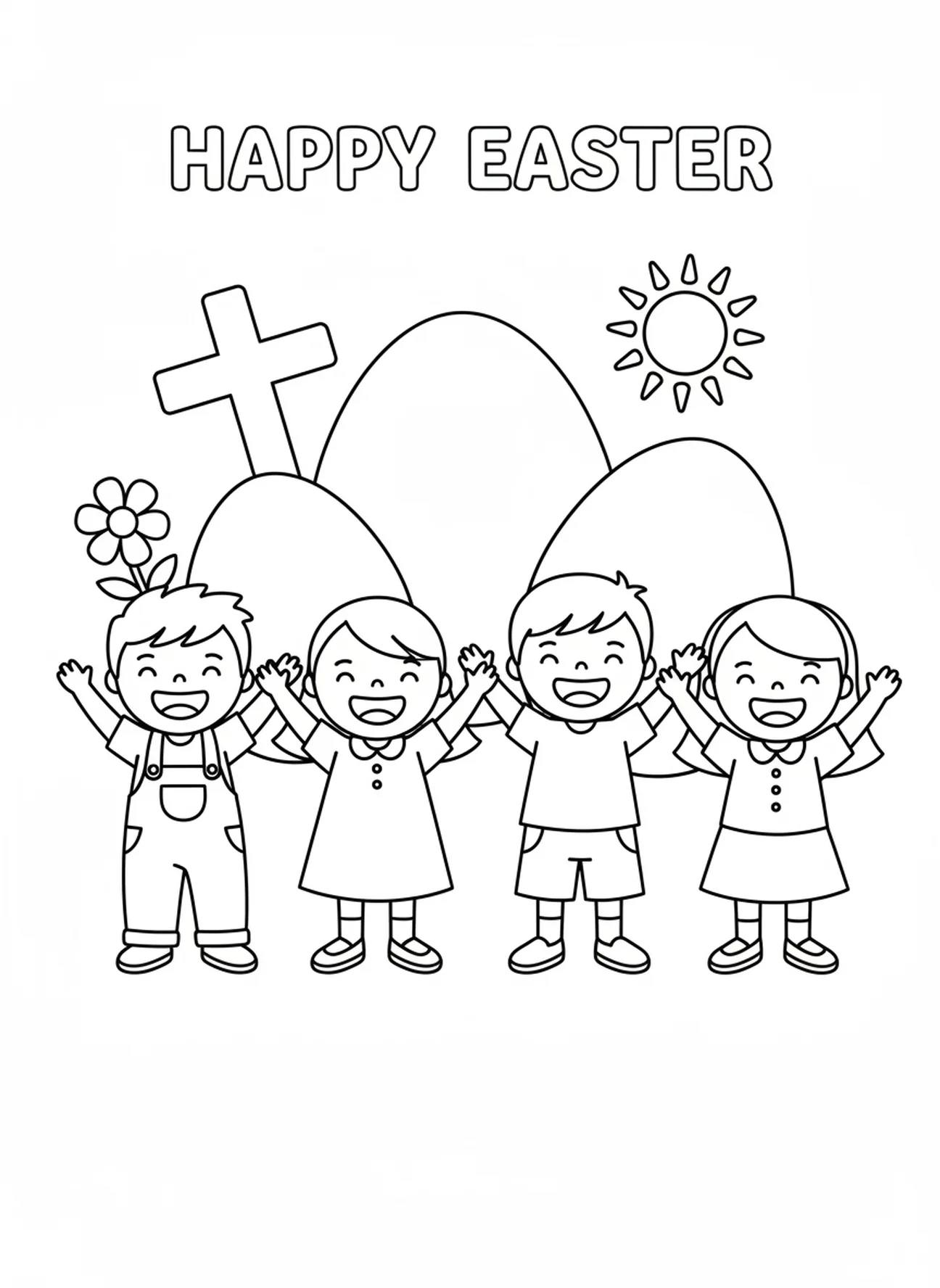 Enfants souriants célébrant, page à colorier pour Pâques destinée aux enfants d'âge préscolaire de 3 à 5 ans.