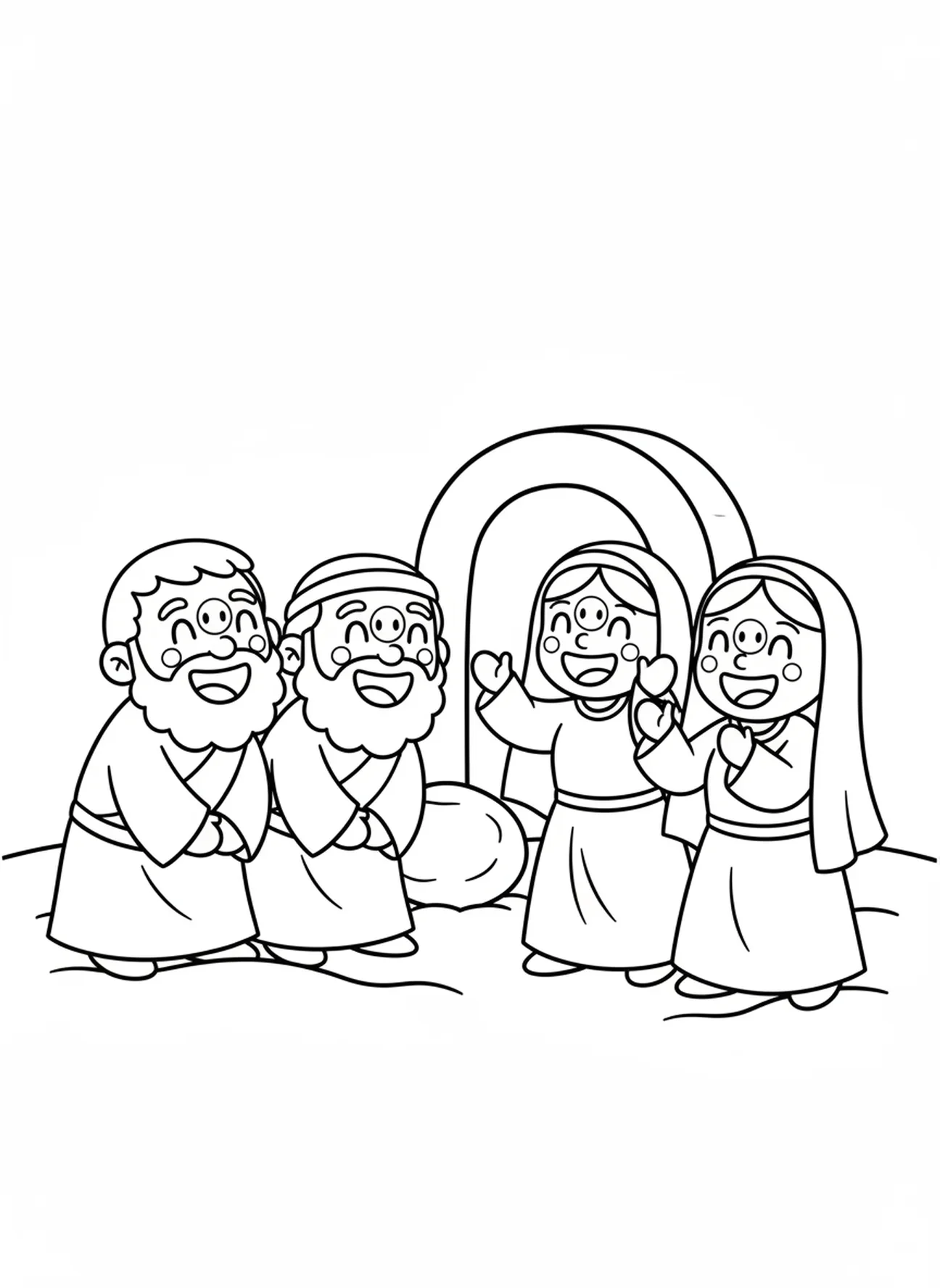 Deux disciples souriants, page à colorier de Pâques pour les enfants de 3 à 5 ans.