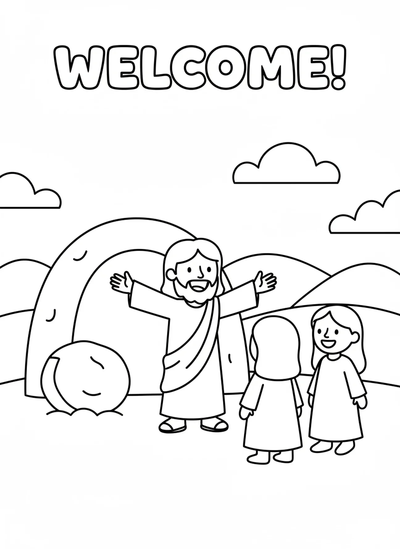 Page à colorier de Jésus souriant, matin de Pâques, pour les enfants d'âge préscolaire de 3 à 5 ans.