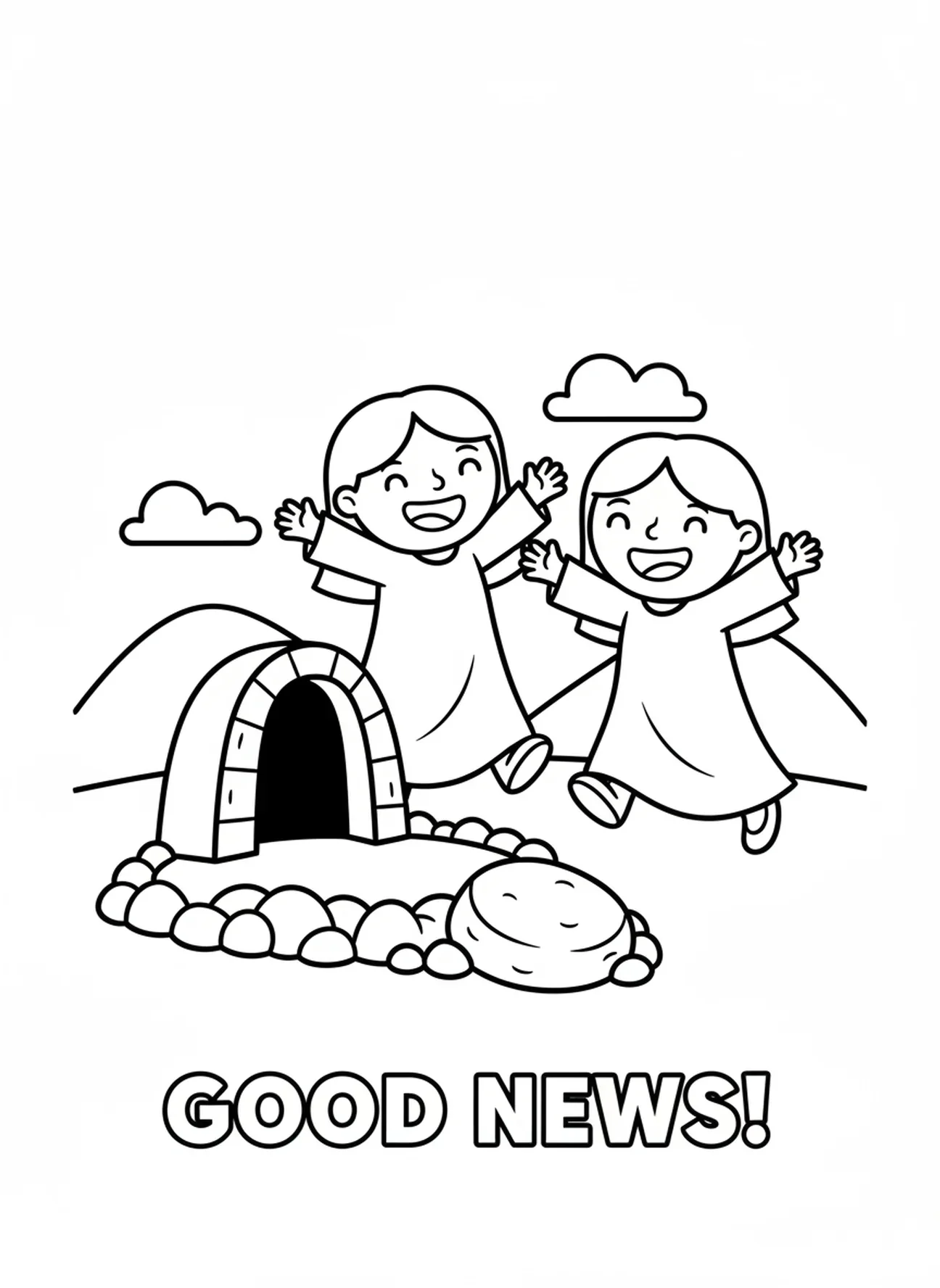 Deux femmes joyeuses, page à colorier pour Pâques destinée aux enfants de 3 à 5 ans.