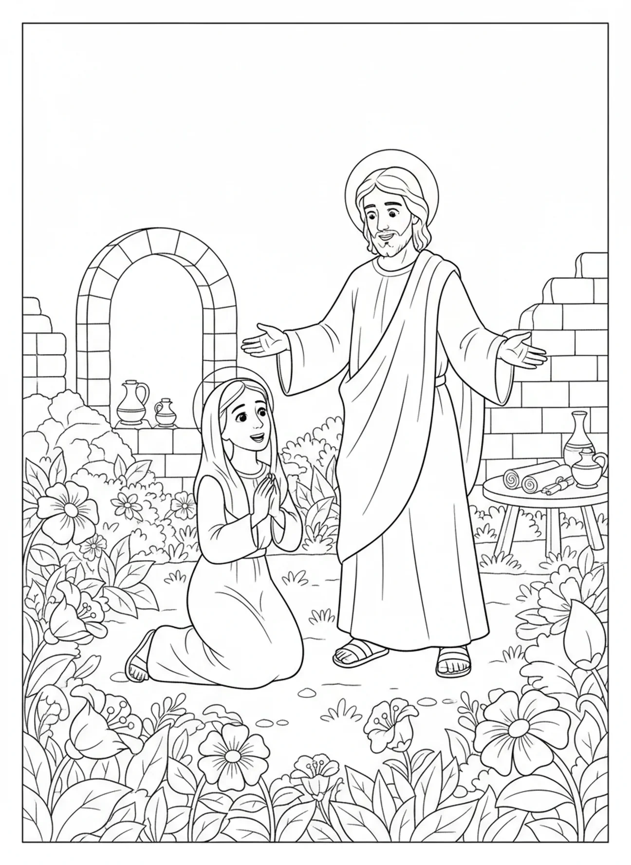 Jezus die glimlacht naar Maria, kleurplaat voor Zondagsschoolkinderen van 5-12 jaar op Paasmorgen.