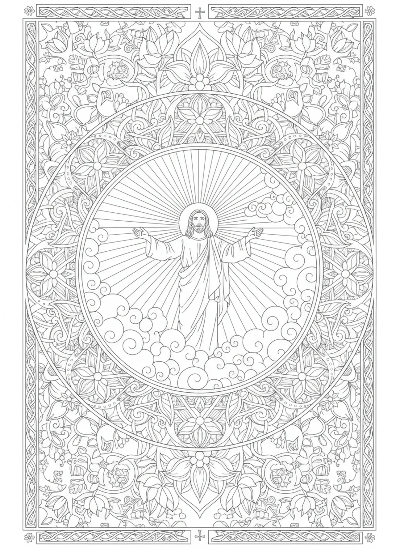 Jesus subindo ao céu, página de colorir da Ressurreição de Páscoa no estilo de journaling bíblico para adultos.