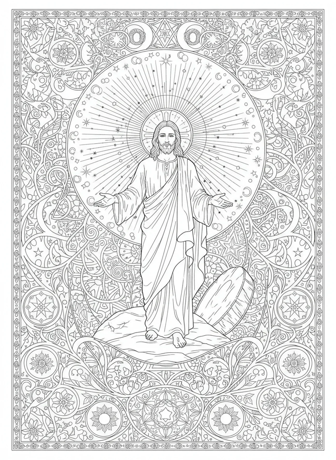 Jesus saindo do túmulo, página de colorir da Ressurreição de Páscoa para adultos no estilo de journaling bíblico.