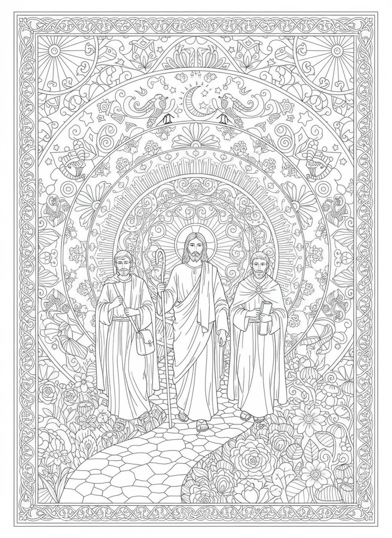 Dois discípulos caminhando com Jesus na estrada, página de colorir da Páscoa para adultos no estilo de journaling bíblico.