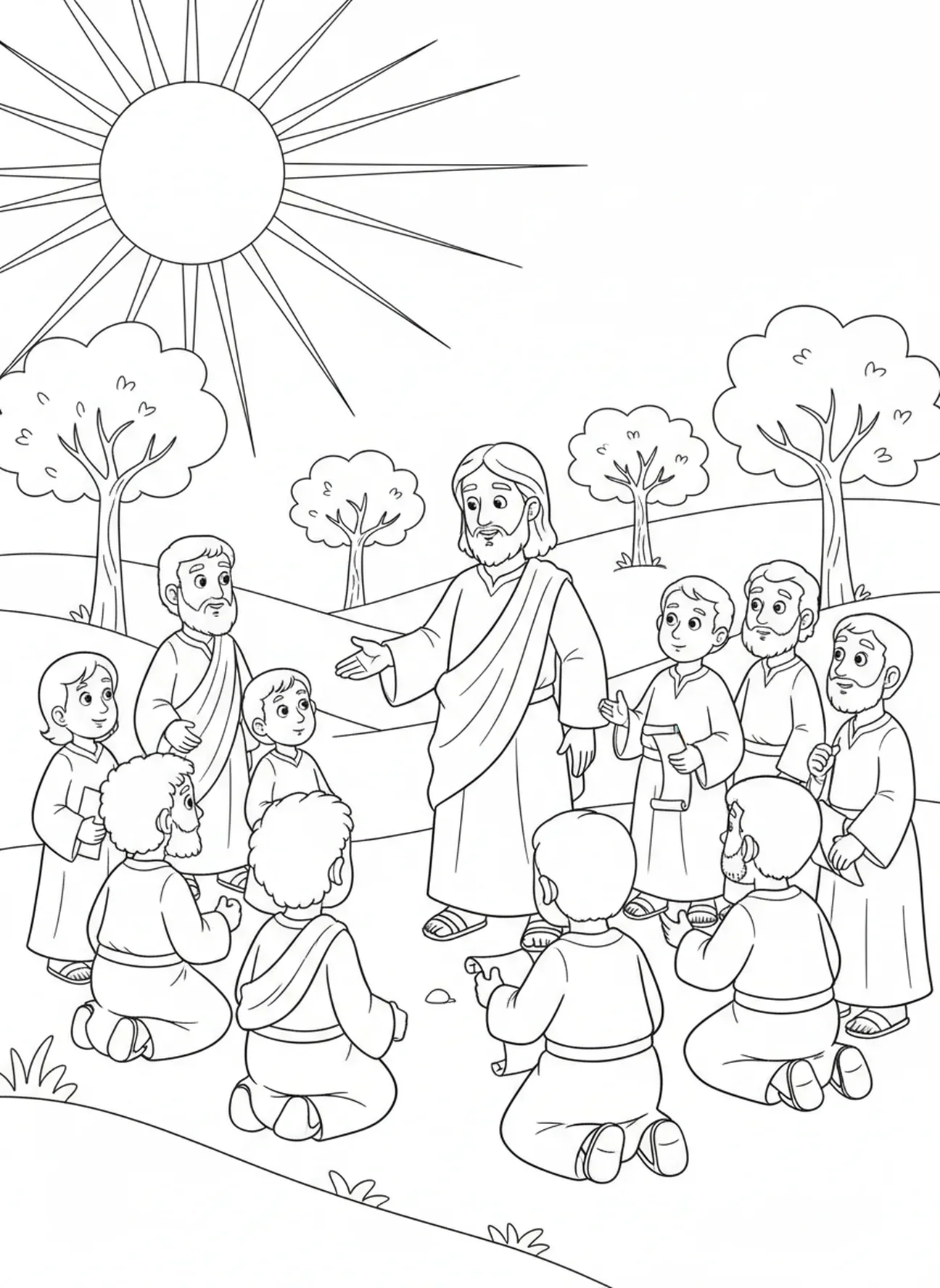 Jesus instruindo os discípulos, página para colorir da Ressurreição de Páscoa para crianças de 5 a 10 anos