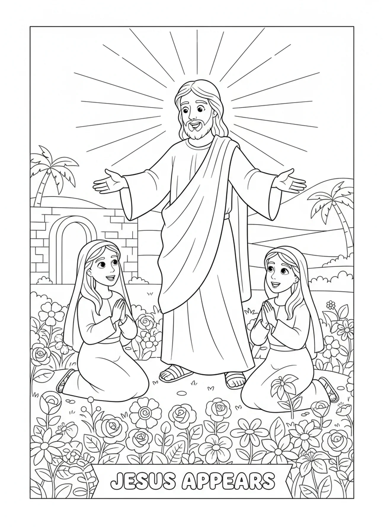 Jesus sorridente, página para colorir da Ressurreição de Páscoa para crianças de 5 a 10 anos