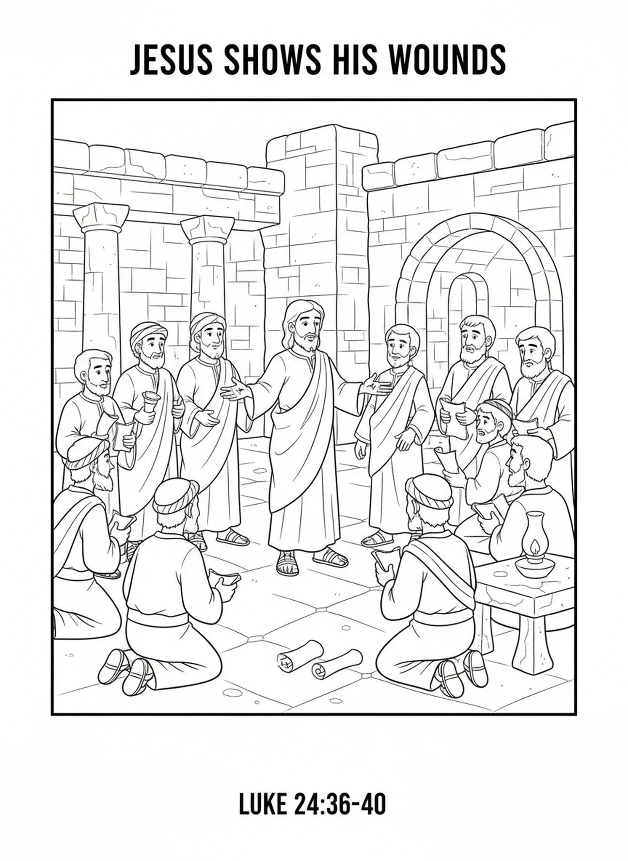 Jesus mostrando Suas mãos, página de colorir da Ressurreição de Páscoa para crianças da Escola Dominical de 5 a 12 anos.
