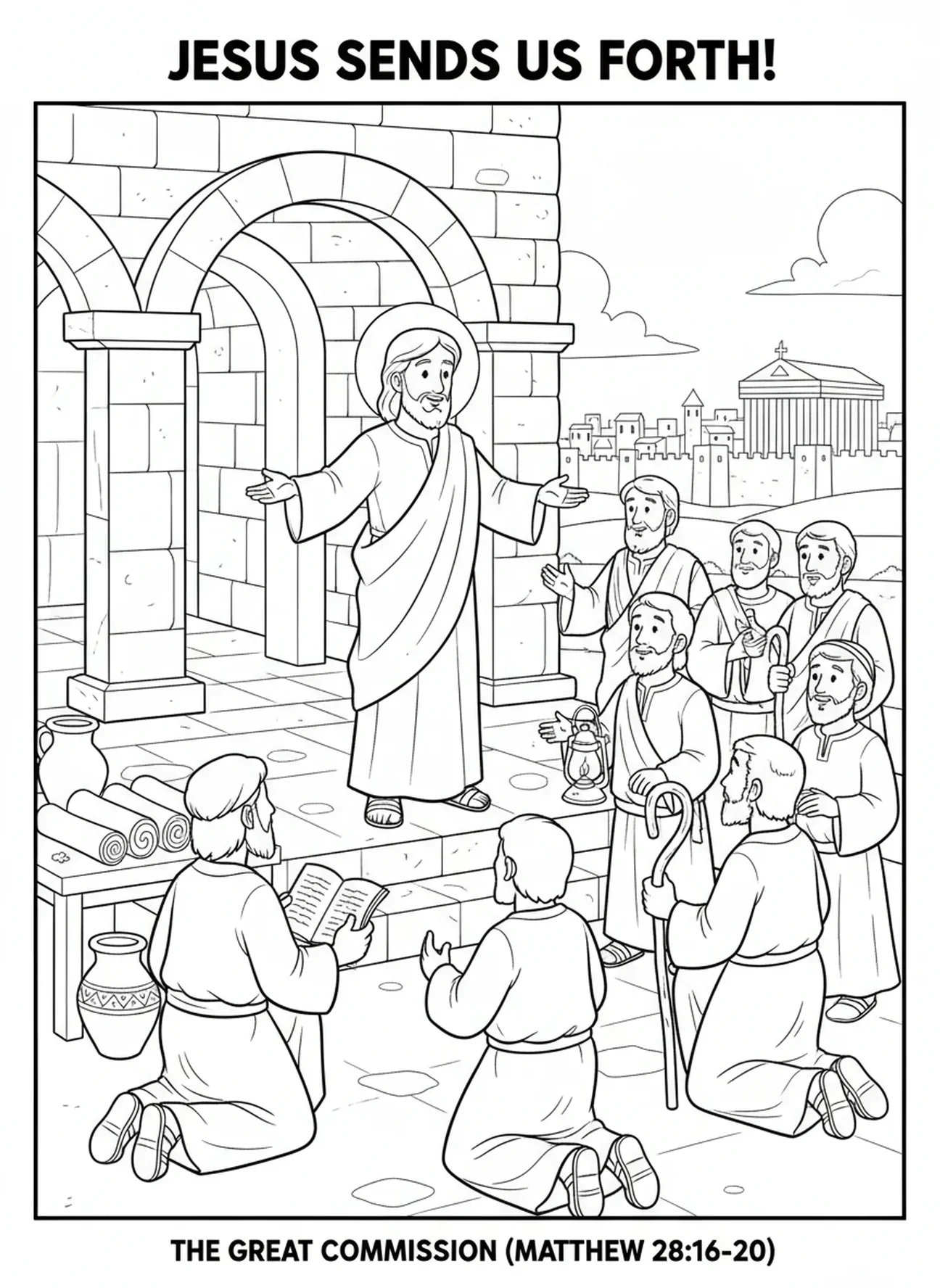 Jesus dando a Grande Comissão, página para colorir sobre a Ressurreição de Páscoa para crianças da Escola Dominical de 5 a 12 anos.