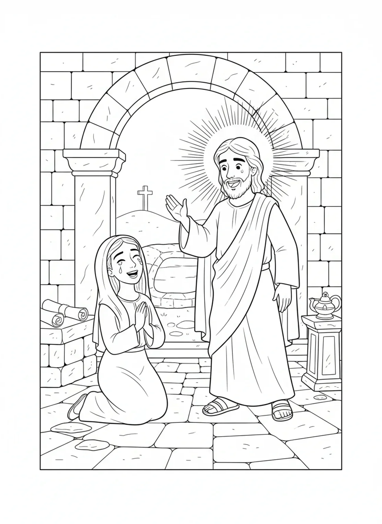 Jesus aparecendo para Maria, página para colorir da Ressurreição de Páscoa para crianças da Escola Dominical de 5 a 12 anos.
