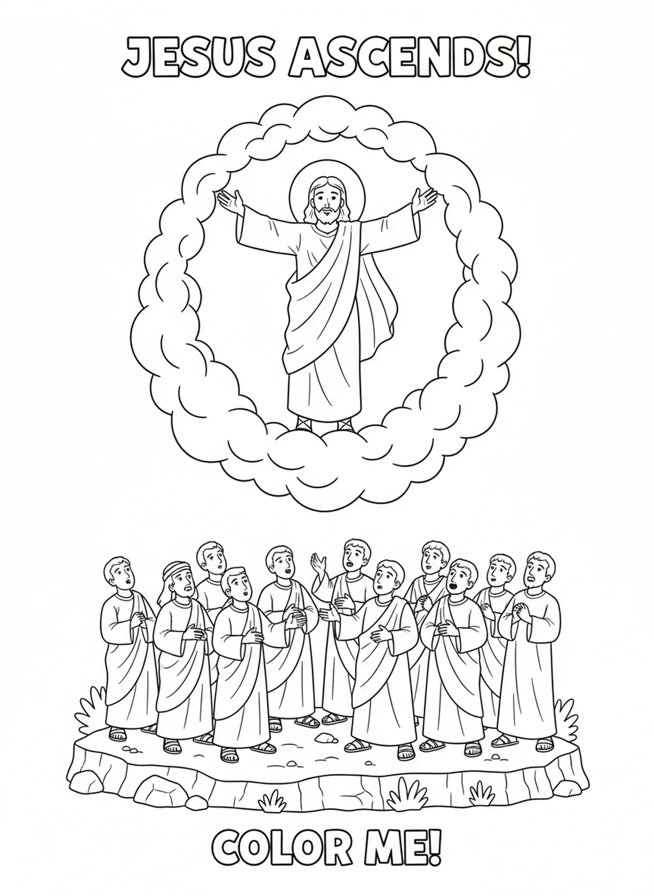 Jesus, der in den Himmel aufsteigt, während die Jünger zuschauen, Ausmalbild für Ostersonntag für Kinder im Alter von 5-10 Jahren.