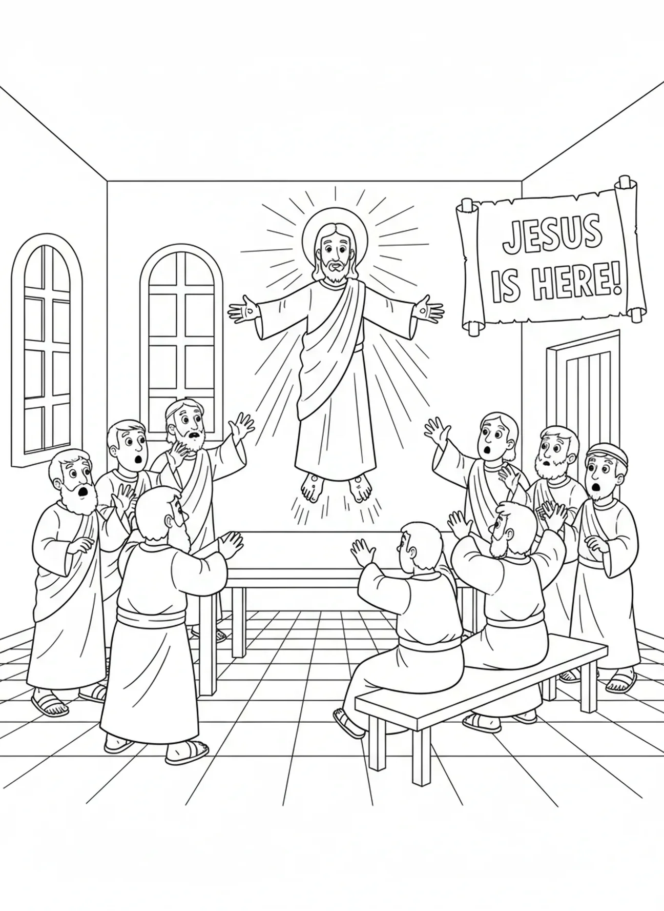 Jünger überrascht, Jesus im Raum zu sehen, Ausmalbild für Ostersonntag für Kinder im Alter von 5-10 Jahren.