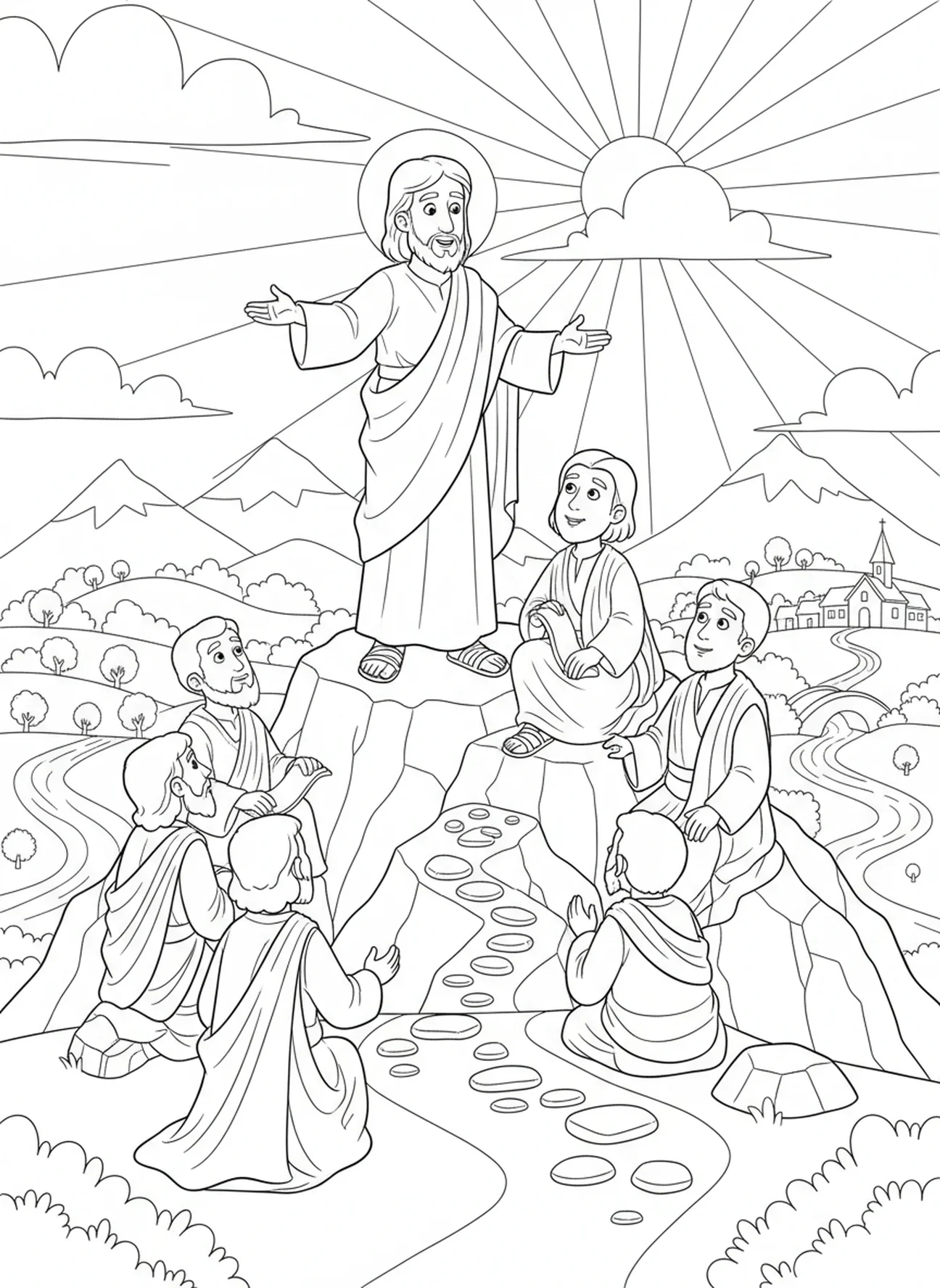 Jesus, der seinen Jüngern auf einem Berg Anweisungen gibt, Ausmalbild für Ostersonntag für Kinder im Alter von 5-10 Jahren.