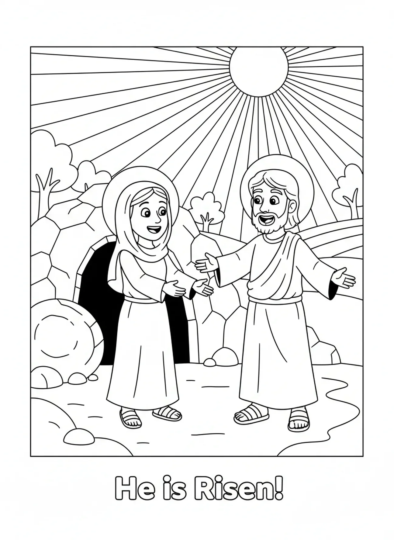 Maria trifft Jesus freudig außerhalb des Grabes, Ausmalbild für Ostersonntag für Kinder im Alter von 5-10 Jahren.