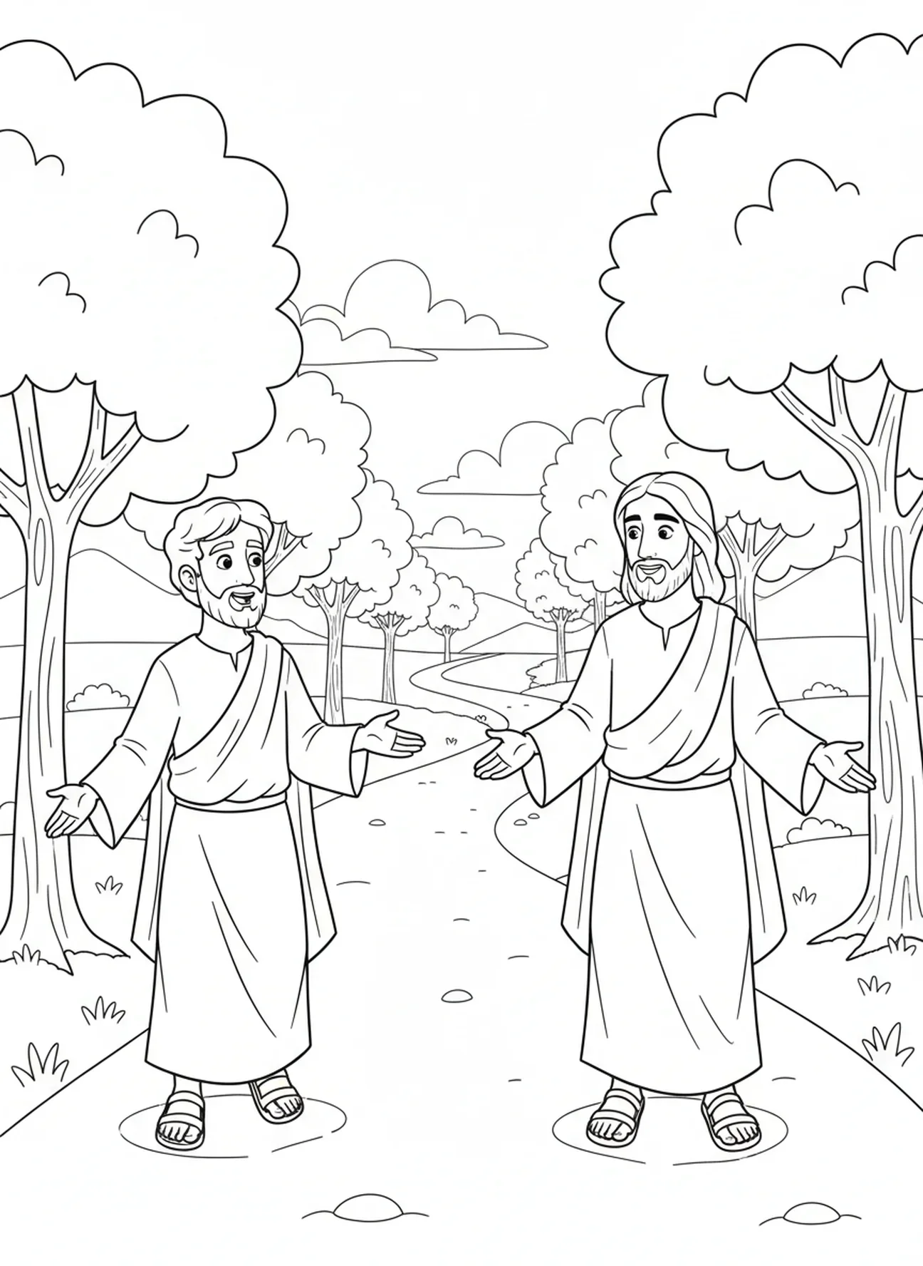 Zwei Jünger gehen und sprechen mit Jesus auf dem Weg, Ausmalbild für Ostersonntag für Kinder im Alter von 5-10 Jahren.