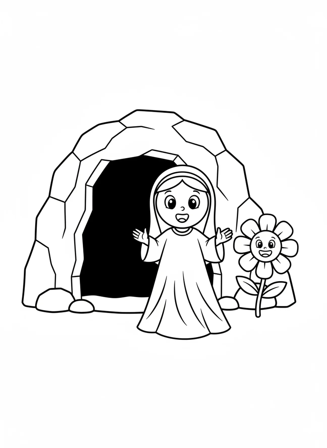 Lächelnde Maria, Ausmalbild für Ostersonntag für Vorschulkinder im Alter von 3-5 Jahren