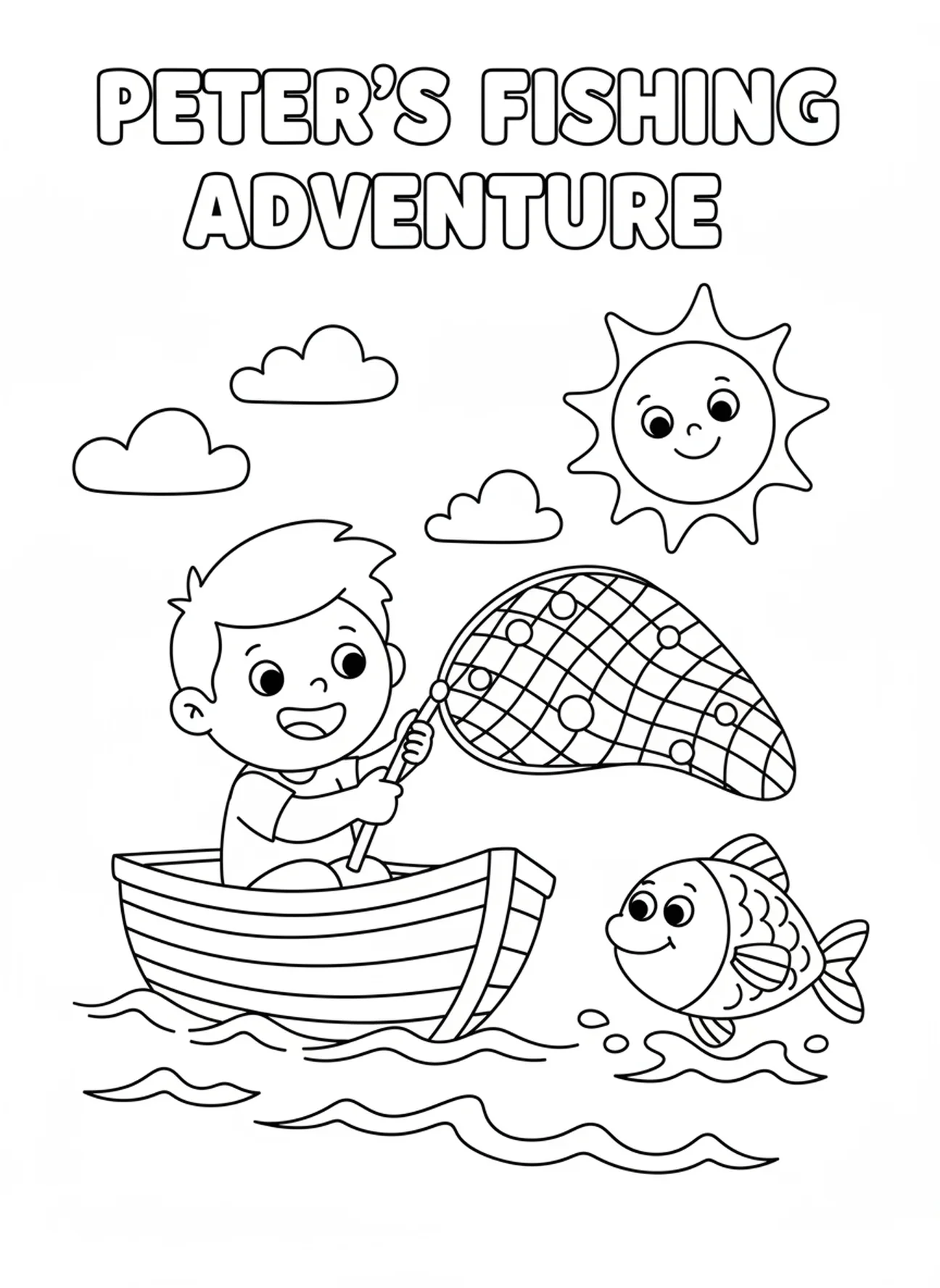 Lächelnder Peter in einem Boot, Ausmalbild für Ostersonntag für Vorschulkinder im Alter von 3-5 Jahren