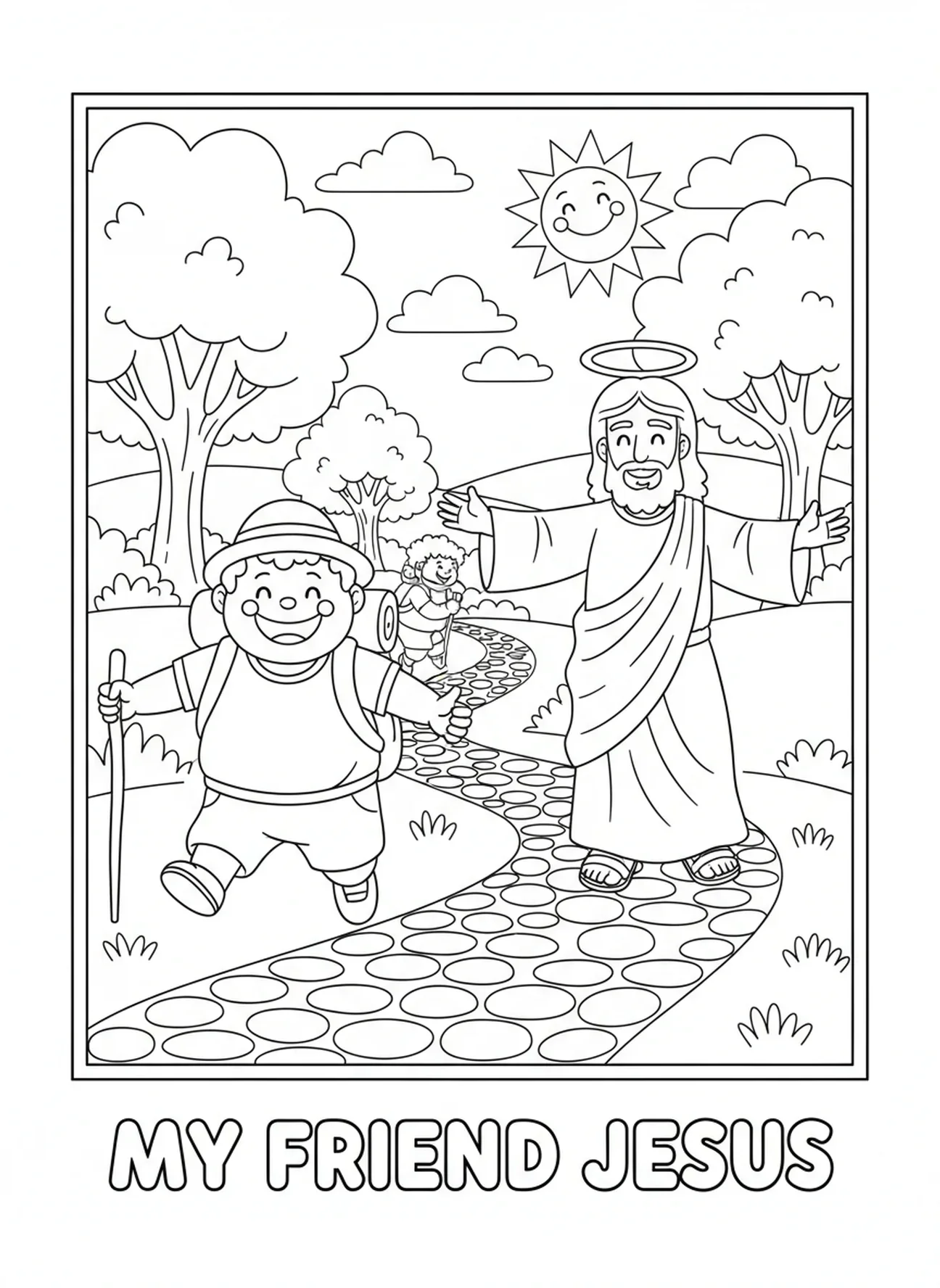 Zwei fröhliche Reisende, Ausmalbild für Ostersonntag für Vorschulkinder im Alter von 3-5 Jahren