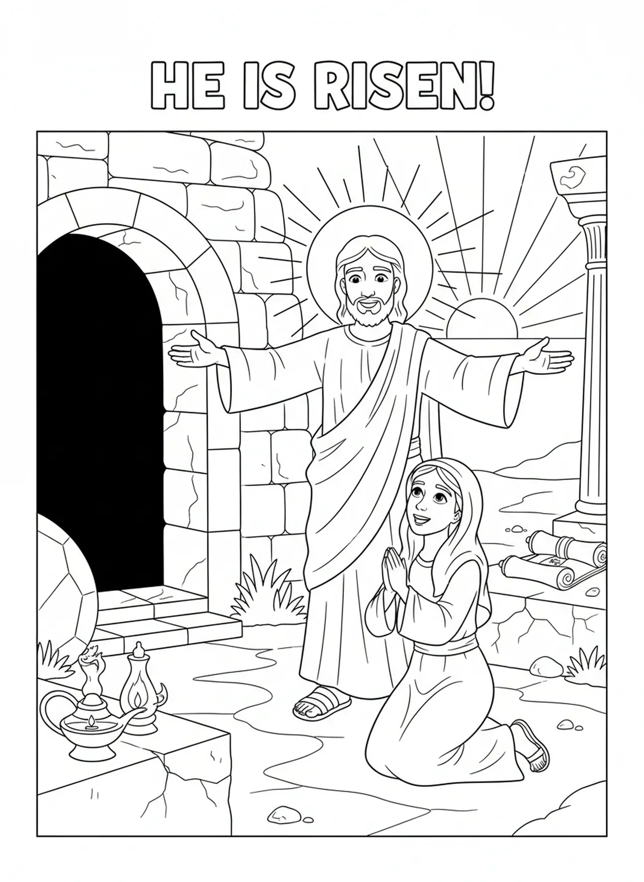 Jezus verschijnt aan Maria, kleurplaat voor Zondagsschoolkinderen van 5-12 jaar op Paaszondag.