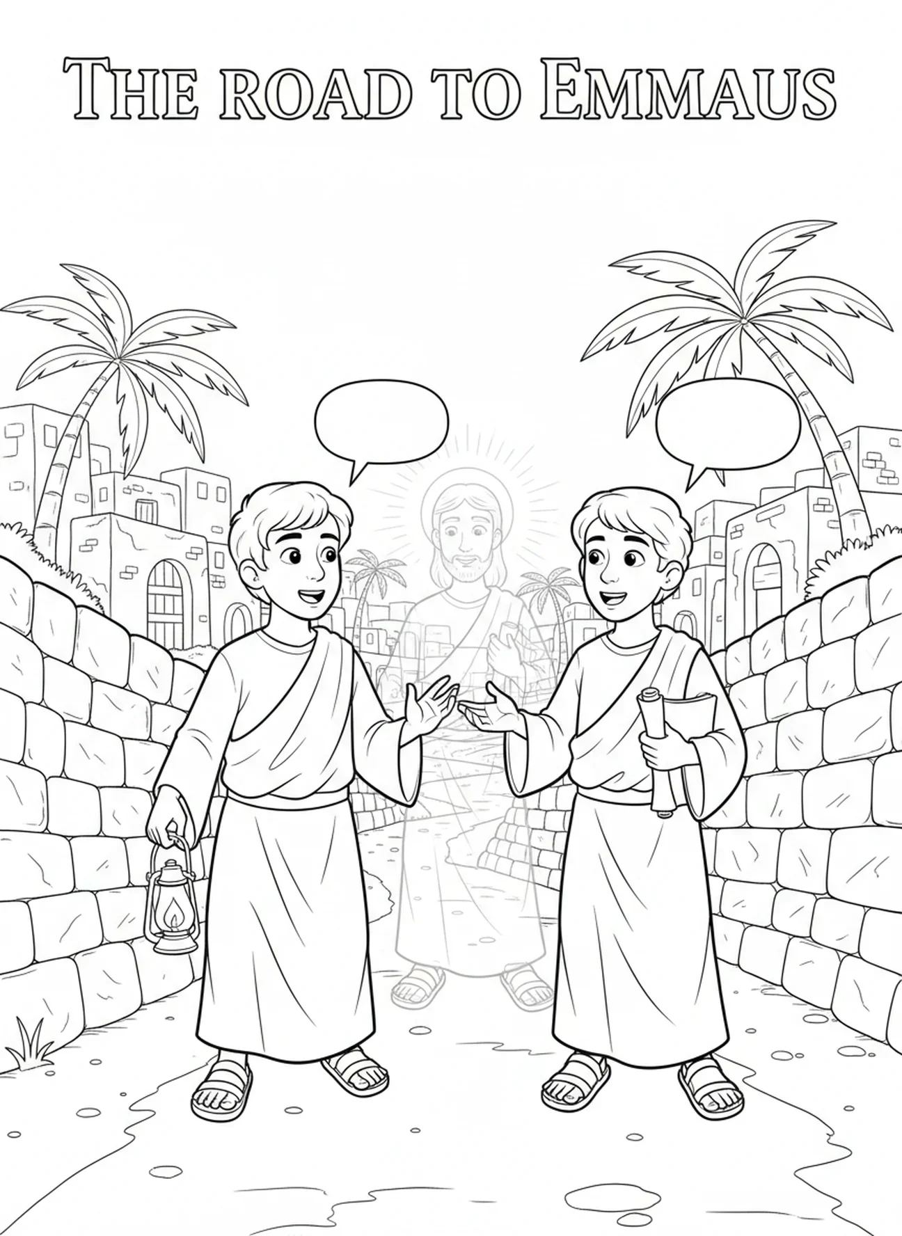 Twee discipelen op de weg naar Emmaüs, kleurplaat voor Zondagsschoolkinderen van 5-12 jaar op Paaszondag.