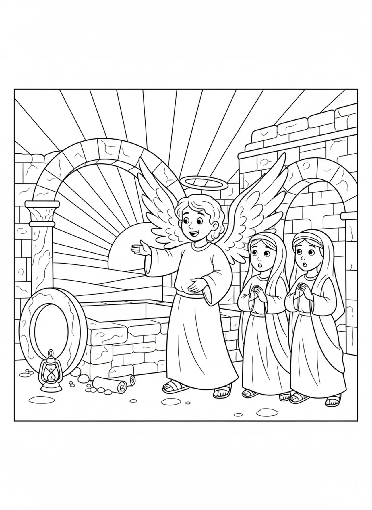 Un ange parlant joyeusement, page à colorier de l'ange au tombeau vide pour les enfants de l'École du dimanche âgés de 5 à 12 ans.