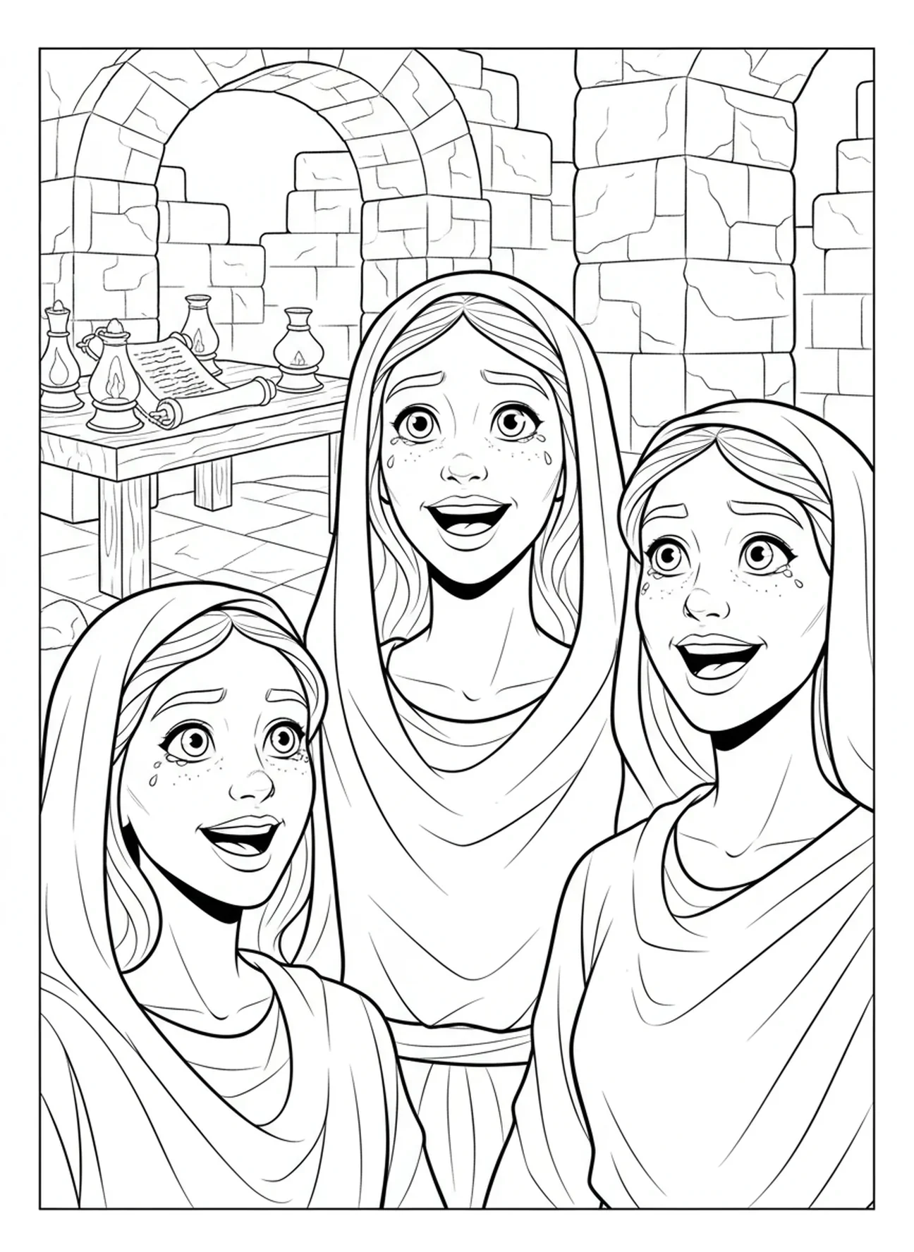 Visages surpris des femmes, page à colorier de l'ange au tombeau vide pour les enfants de l'École du dimanche âgés de 5 à 12 ans.