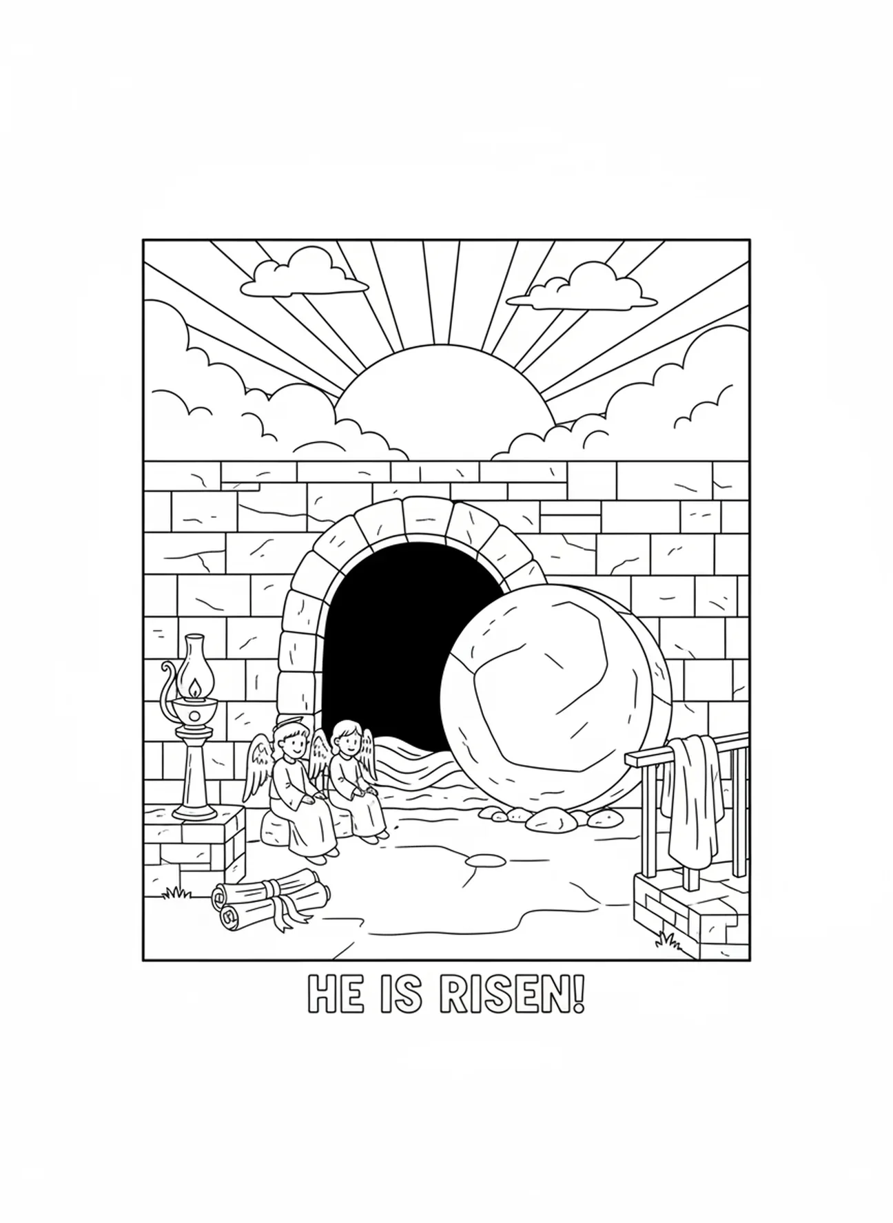Tombe ouverte avec une pierre roulée, page à colorier de l'ange à la tombe vide pour les enfants de l'École du dimanche âgés de 5 à 12 ans.
