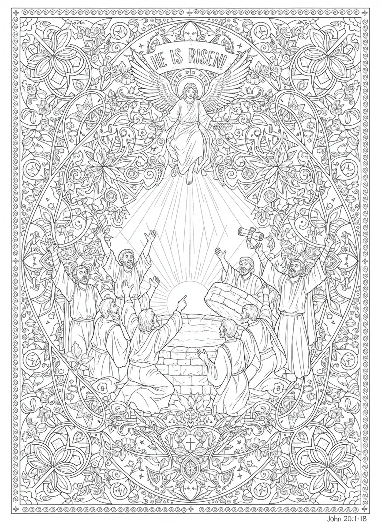 Discípulos alegres celebrando, página para colorear de la resurrección de los discípulos en estilo de journaling bíblico para adultos.