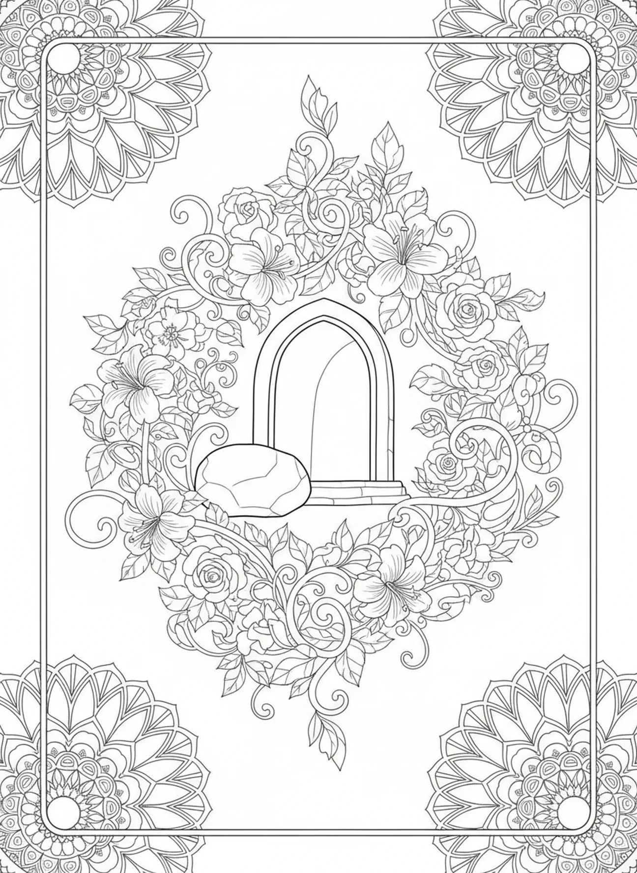 Diseños florales alrededor de la tumba, página para colorear de la tumba vacía con discípulos regocijándose, estilo de journaling bíblico para adultos.