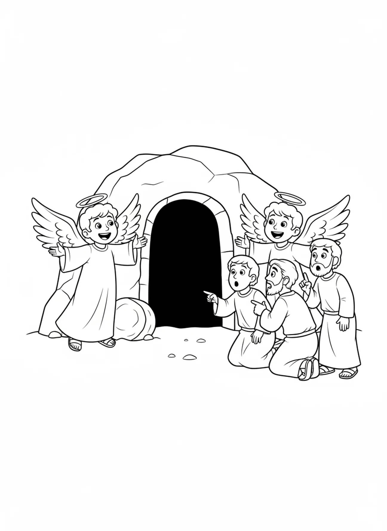 Deux anges, page à colorier sur le tombeau vide avec des disciples se réjouissant pour les enfants de 5 à 10 ans.