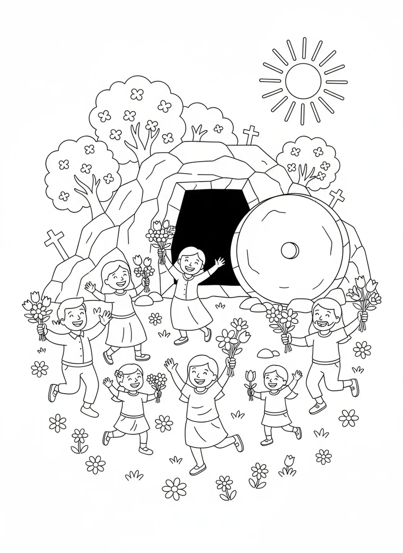 Disciples avec des fleurs, page à colorier des Disciples réjouis devant le Tombeau vide pour les enfants de 5 à 10 ans.