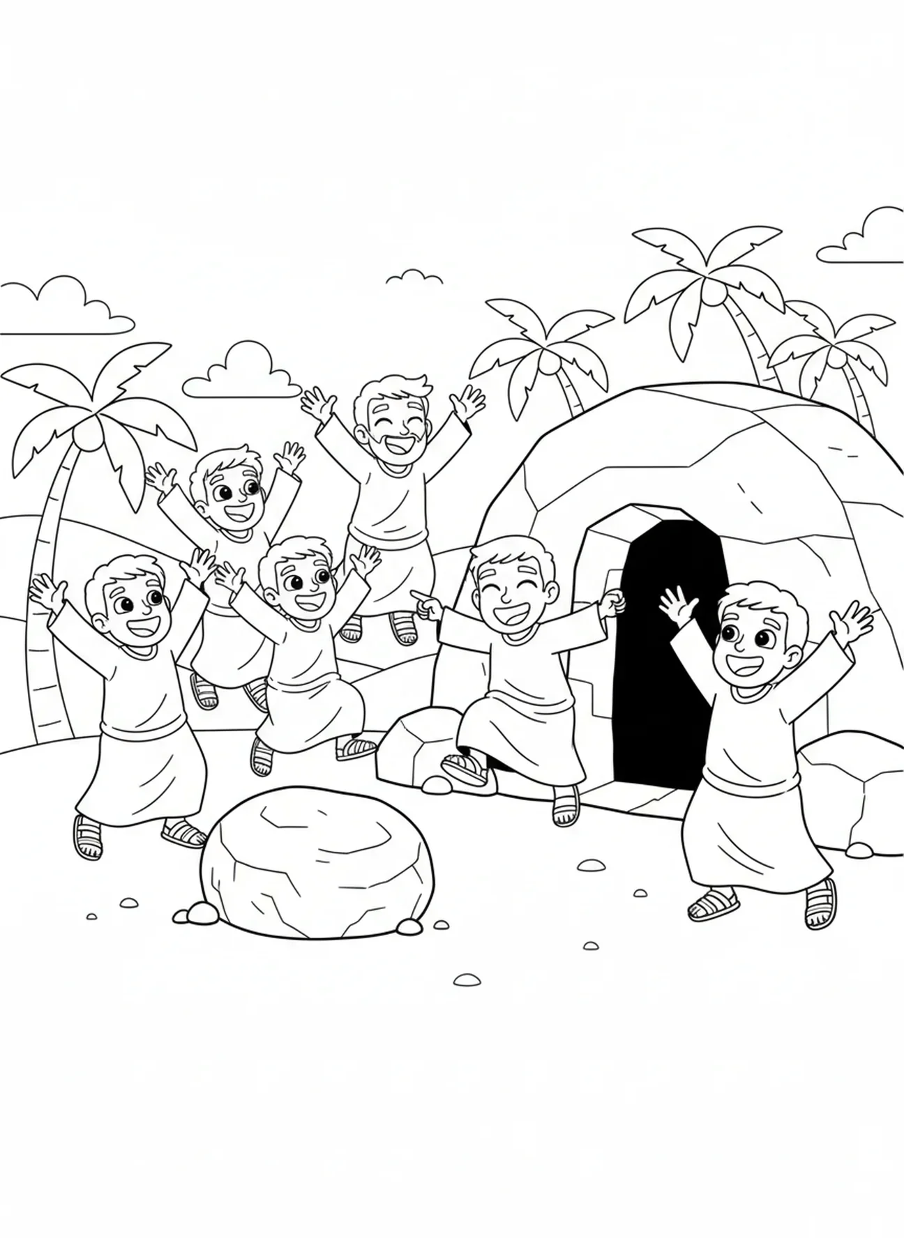 Disciples joyeux, page à colorier sur les disciples se réjouissant devant le tombeau vide pour les enfants de 5 à 10 ans.