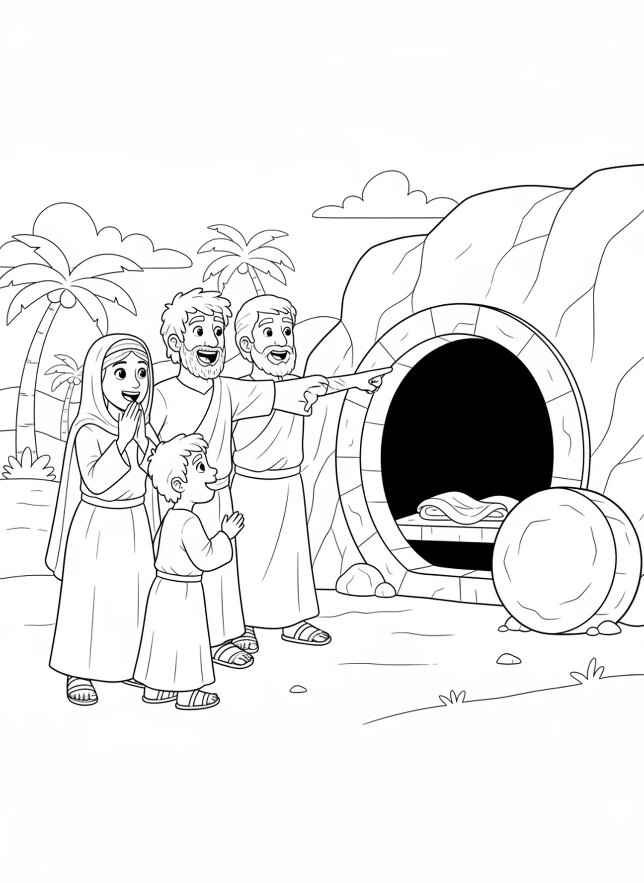 Disciple montrant, page à colorier sur le tombeau vide et les disciples se réjouissant pour les enfants de 5 à 10 ans.