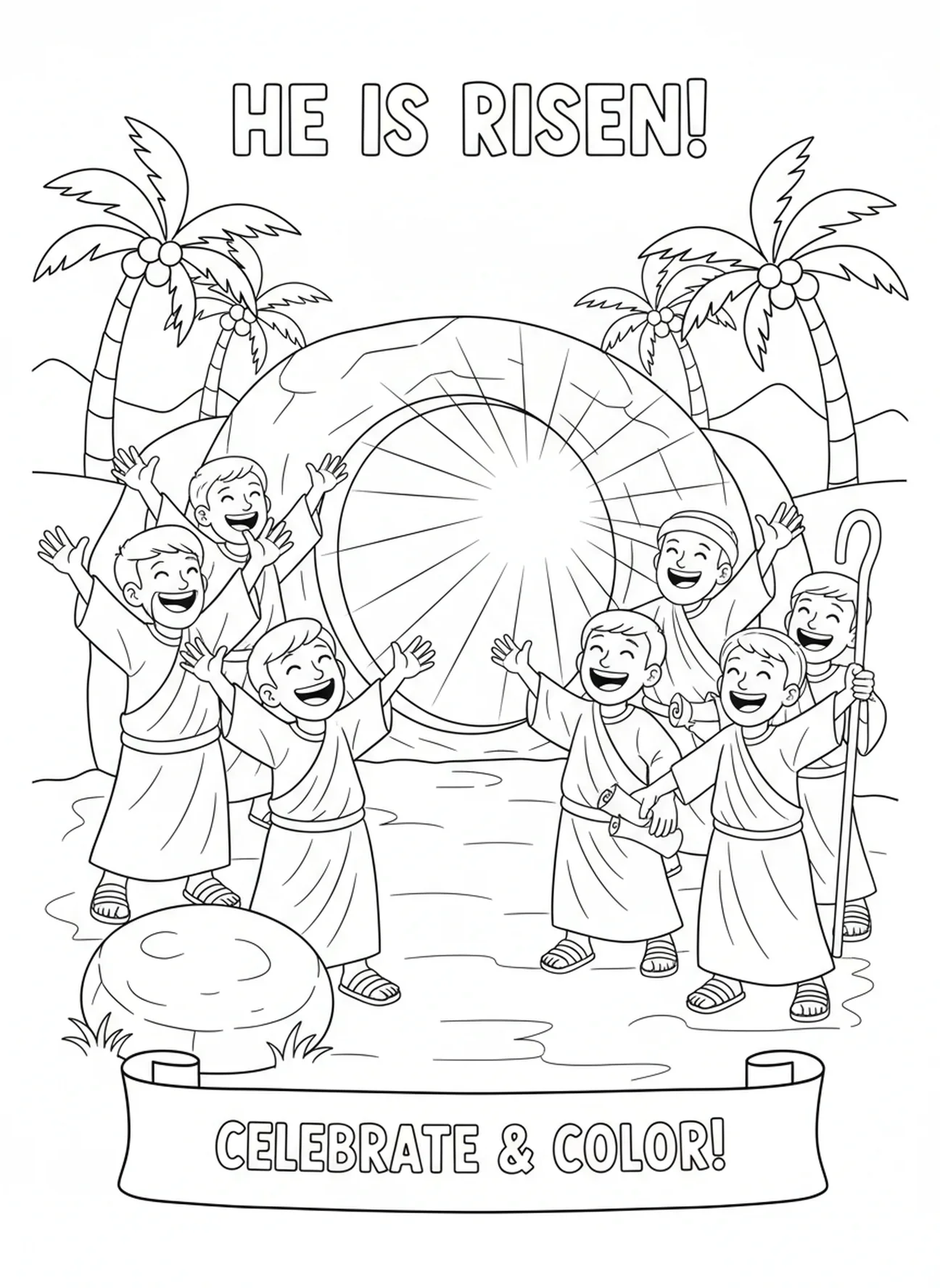 Lumière éclatante, page à colorier de la résurrection des disciples pour les enfants de 5 à 10 ans.
