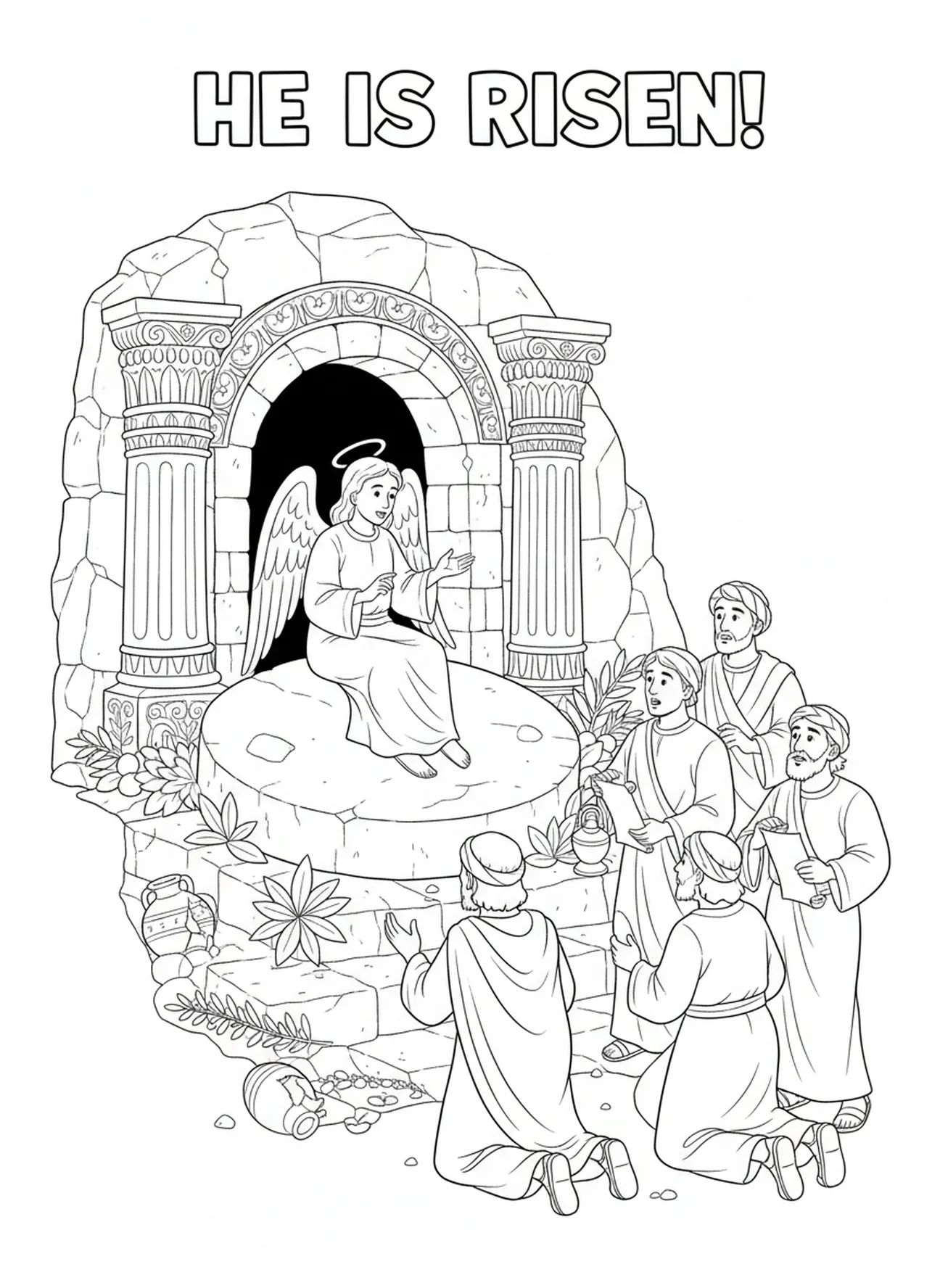 Ange sur la pierre, page à colorier de la Tombe Vide avec des disciples réjouis pour l'École du dimanche, enfants de 5 à 12 ans.