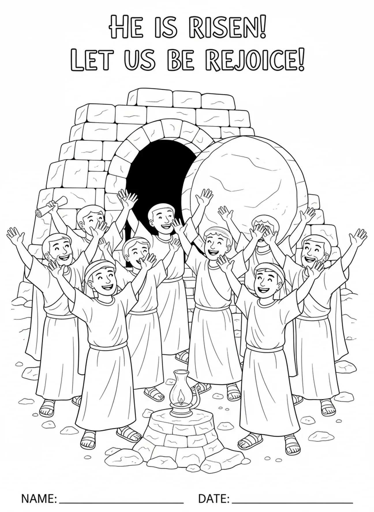 Disciples se réjouissant, page à colorier des Disciples se réjouissant devant le Tombeau vide pour les enfants de l'École du dimanche âgés de 5 à 12 ans.