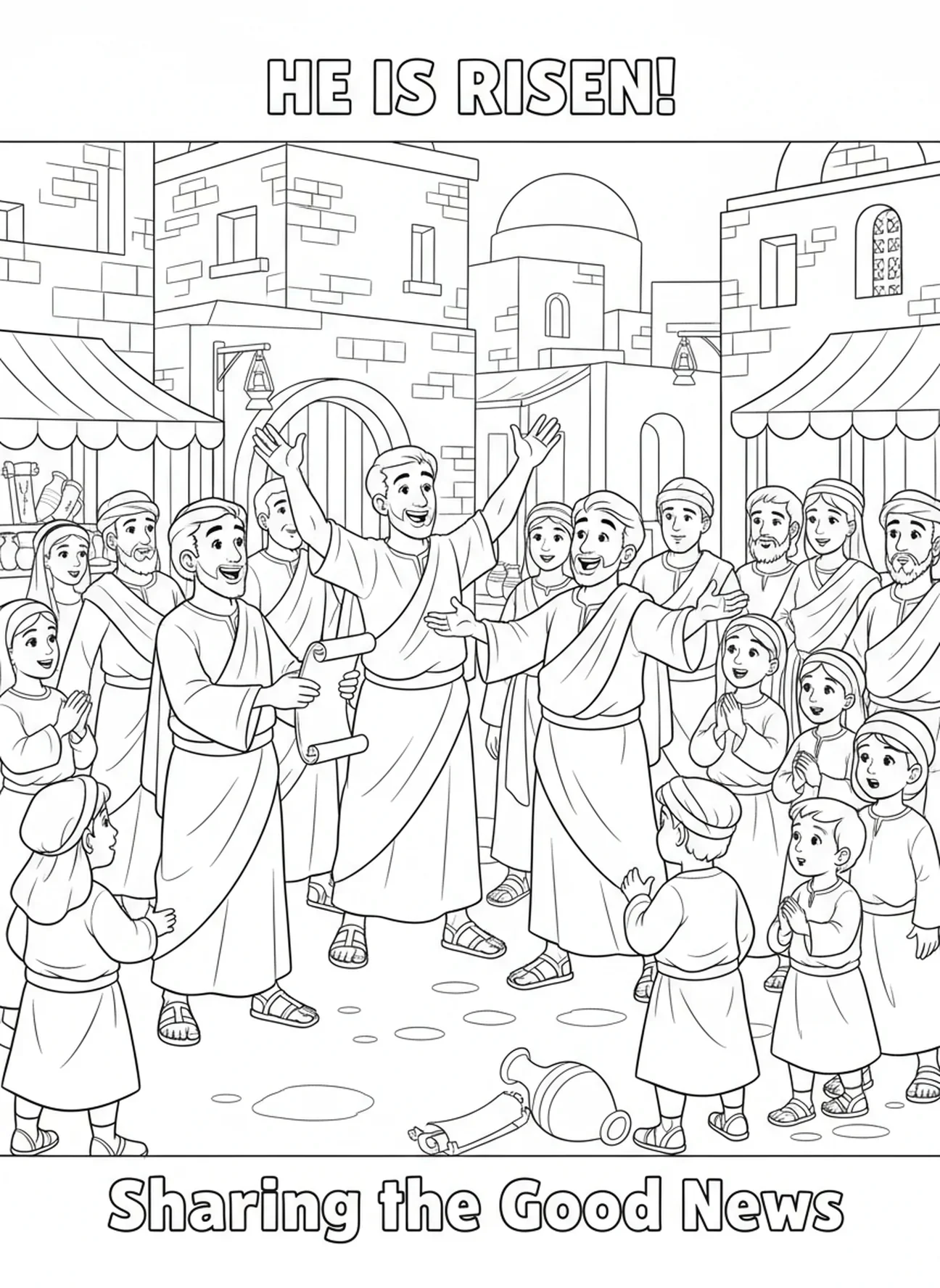Disciples partageant la nouvelle, page à colorier sur le Tombeau Vide et la Joie des Disciples pour les enfants de l'École du dimanche âgés de 5 à 12 ans.