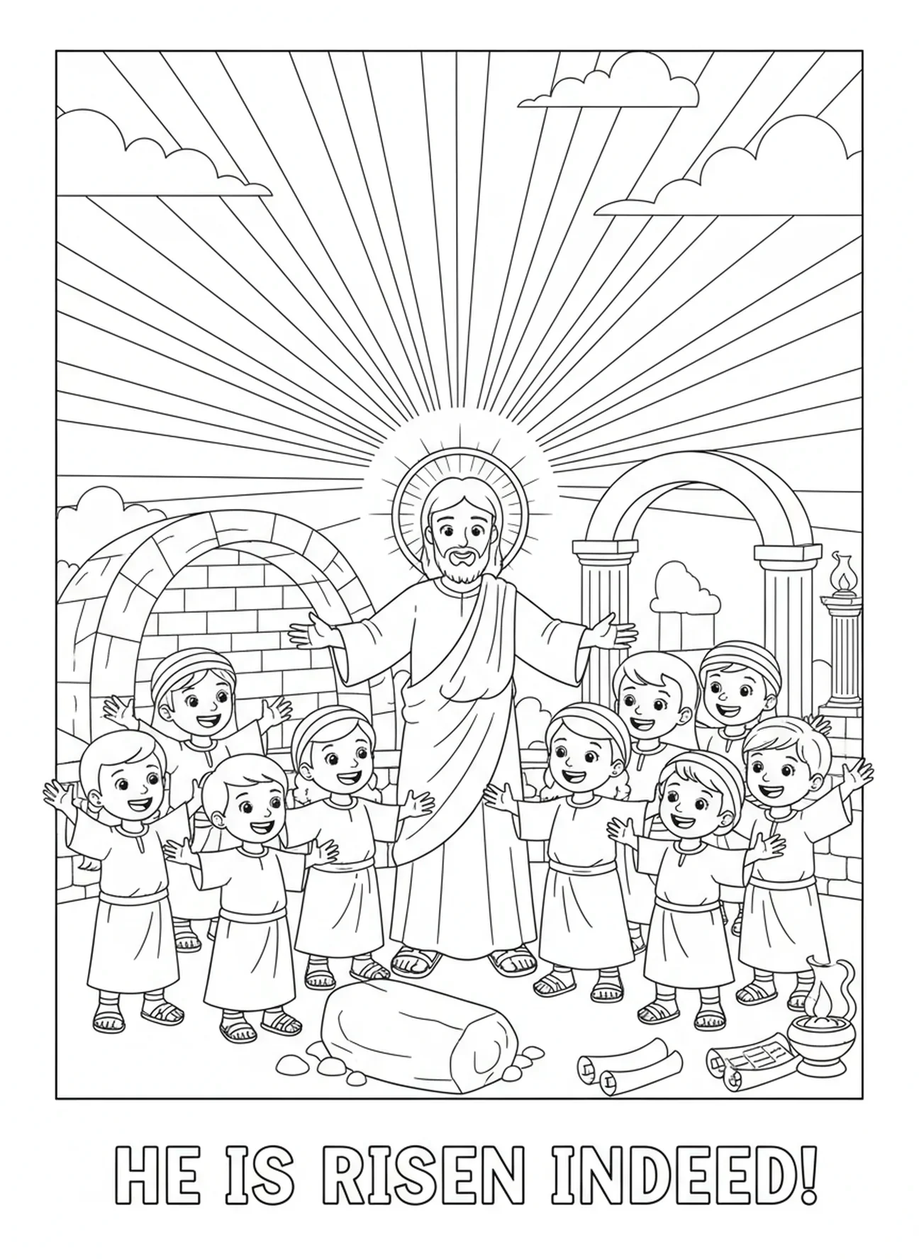Jésus ressuscité apparaissant, page à colorier de la tombe vide avec des disciples réjouis pour les enfants de l'École du dimanche âgés de 5 à 12 ans.