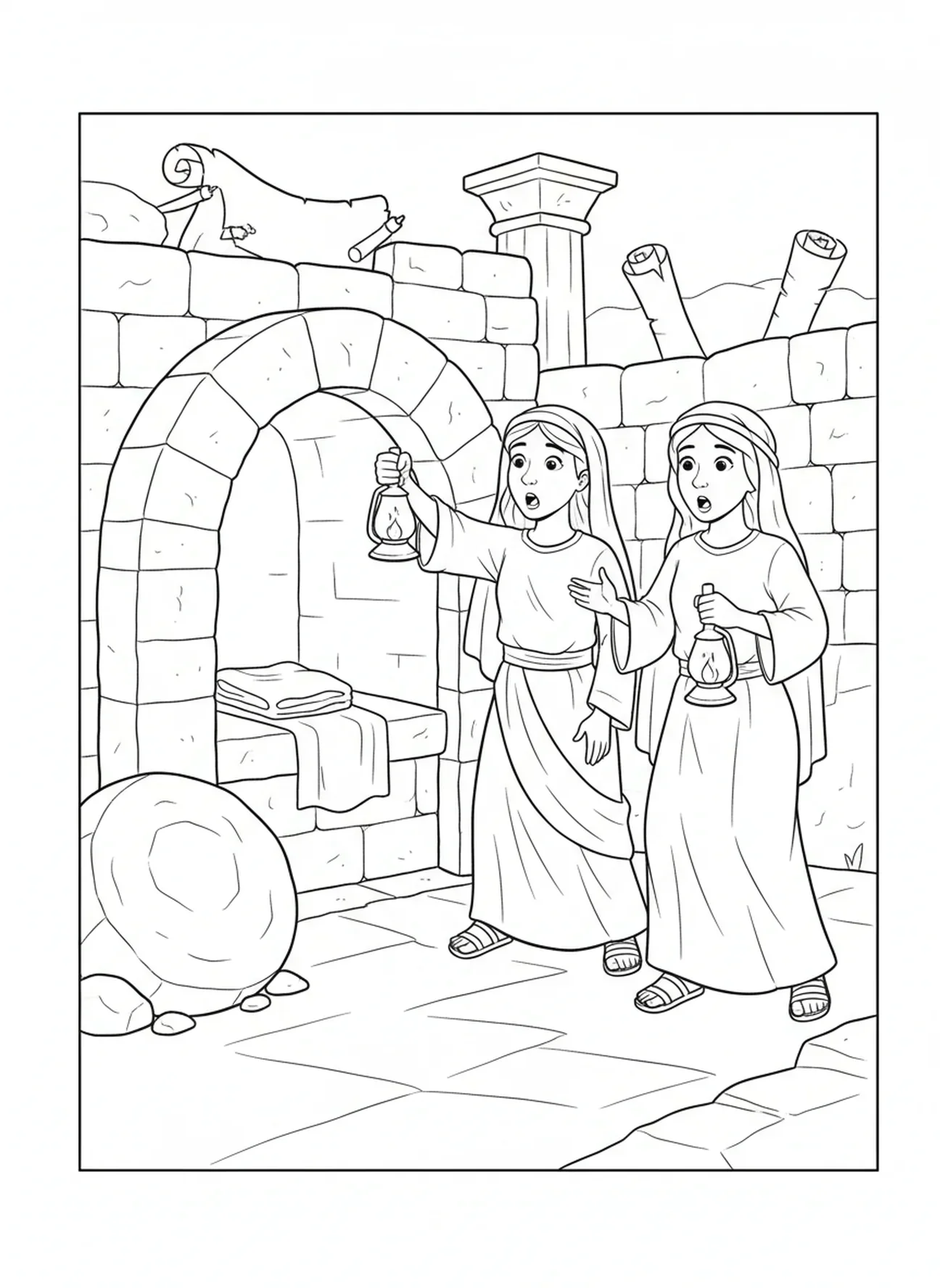 Deux femmes s'approchant, page à colorier sur le Tombeau Vide et les Disciples en Joie pour les enfants de l'École du dimanche âgés de 5 à 12 ans.